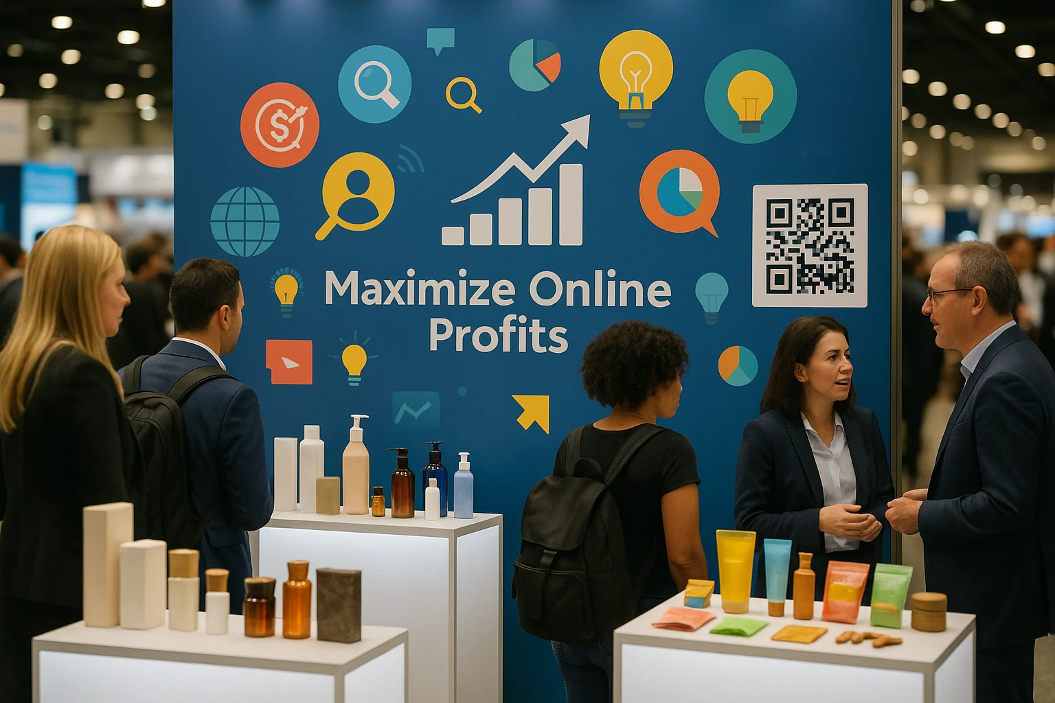 A bustling trade show booth featuring a large banner with the text 'Maximize Online Profits' surrounded by eye-catching digital marketing icons, a diverse array of product samples displayed on illuminated stands, and a QR code for visitors to scan with their smartphones.