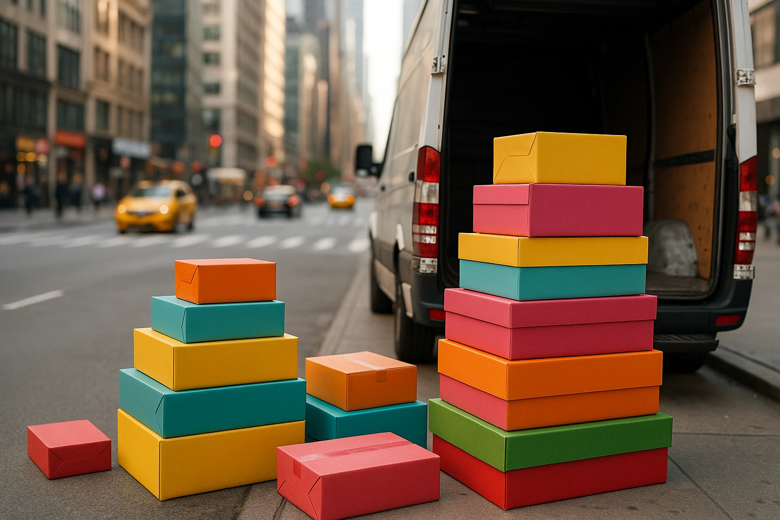 Stacks of colorful packages being unloaded from a delivery truck, symbolizing an e-commerce business thriving with online sales, set against a bustling city background.