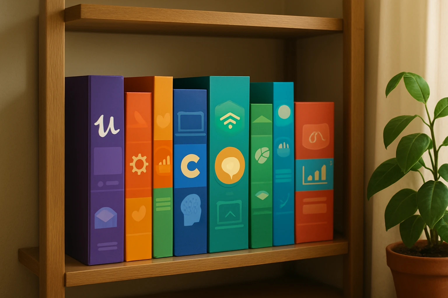 A bookshelf filled with vibrant, creatively designed course manuals and digital product packaging, labeled with logos like Udemy and Coursera, set in a well-lit, cozy home alcove with a plant nearby.