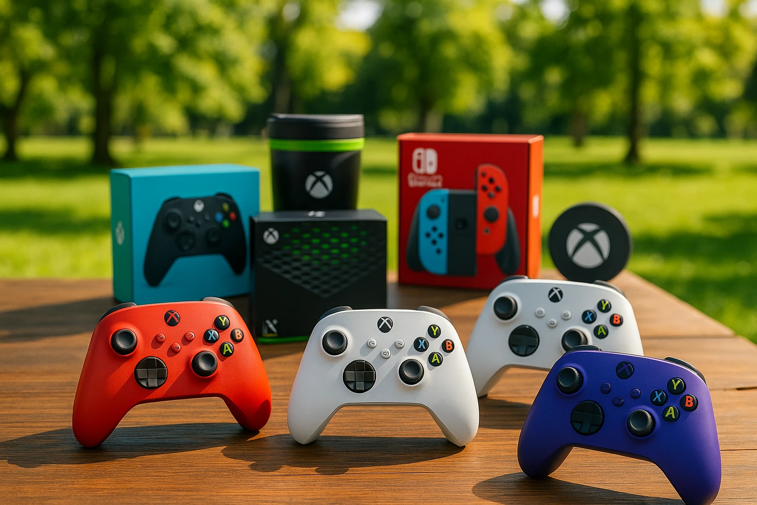 A collection of colorful gaming controllers arranged on a wooden table, surrounded by an assortment of branded product boxes and promotional items, set in a vibrant outdoor park setting.
