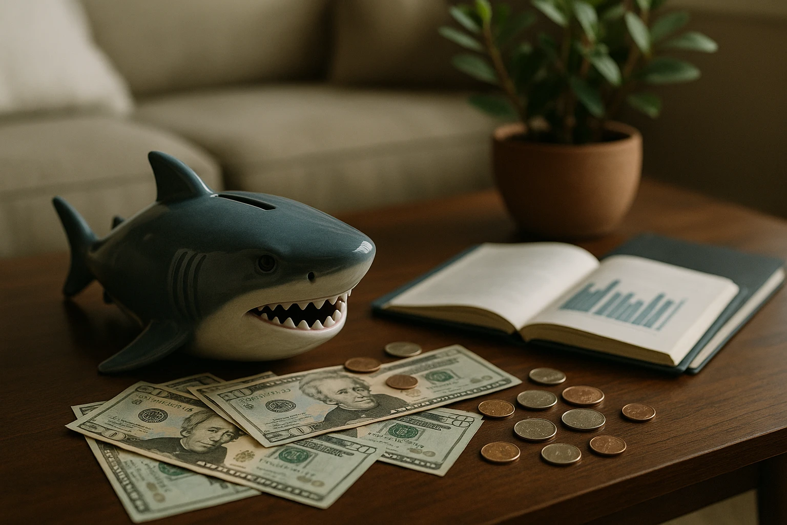 A spread of various financial tools and objects on a coffee table, featuring a shark-shaped piggy bank, scattered currency notes, coins, and a financial planning book with a decorative plant in the background.