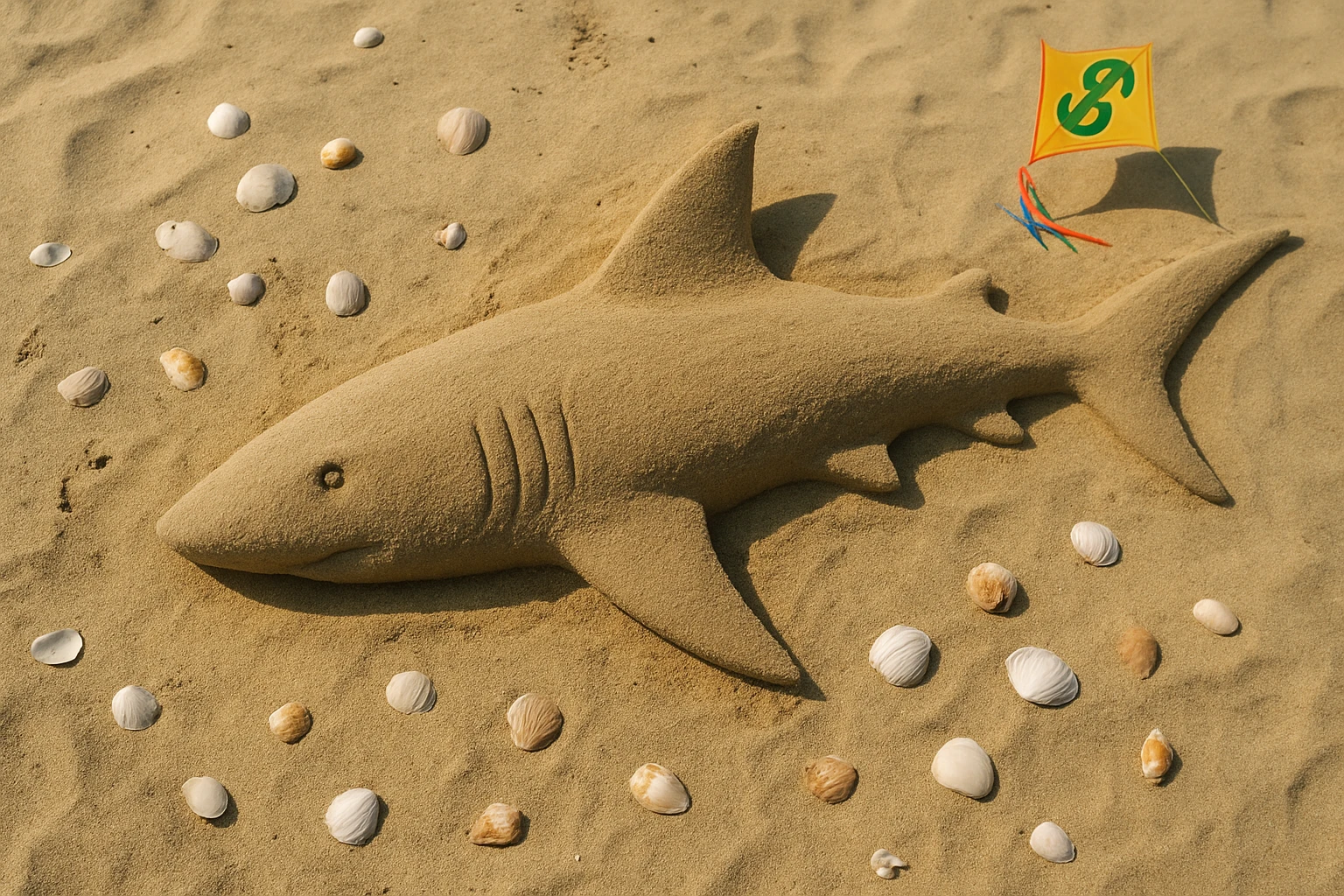 An overhead view of a sandy beach with a large sand sculpture shaped like a shark, surrounded by scattered seashells and a small, colorful kite in the shape of a dollar sign flying in the background.
