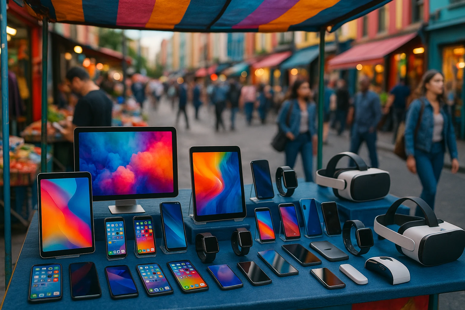 A colorful street market stall showcasing a variety of digital products and gadgets, such as tablets, smartphones, and virtual reality headsets, set against a vibrant urban backdrop with pedestrians browsing and engaging with the technology.