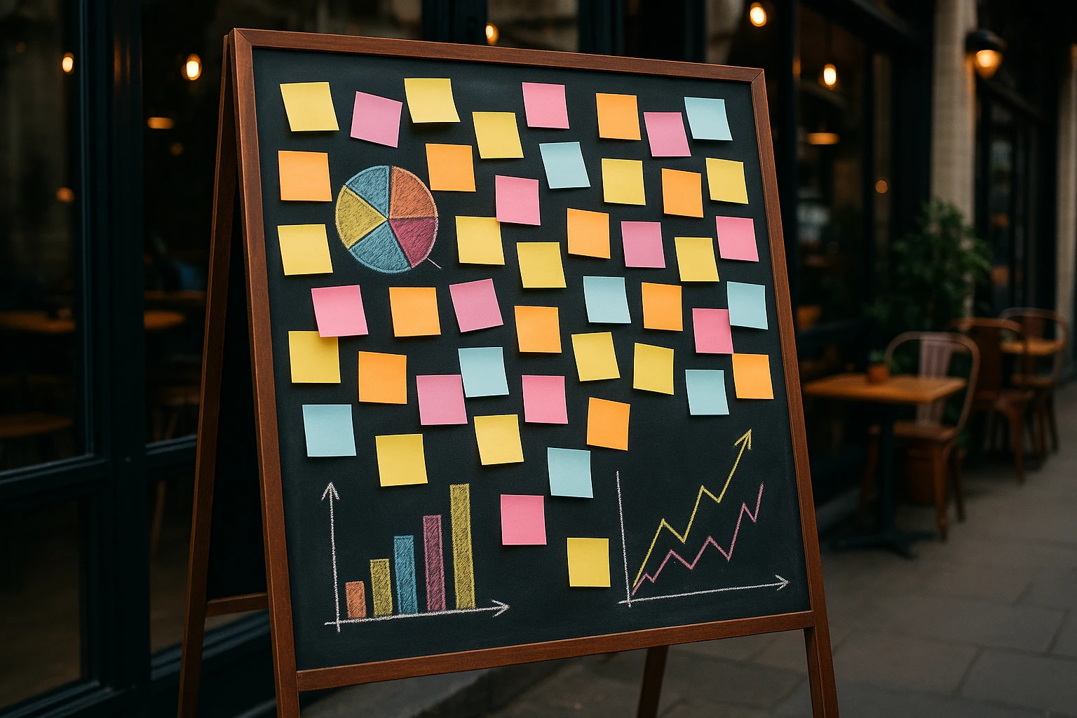 A chalkboard covered with colorful post-it notes and graphs outside a trendy café, symbolizing brainstorming and ideas flow.