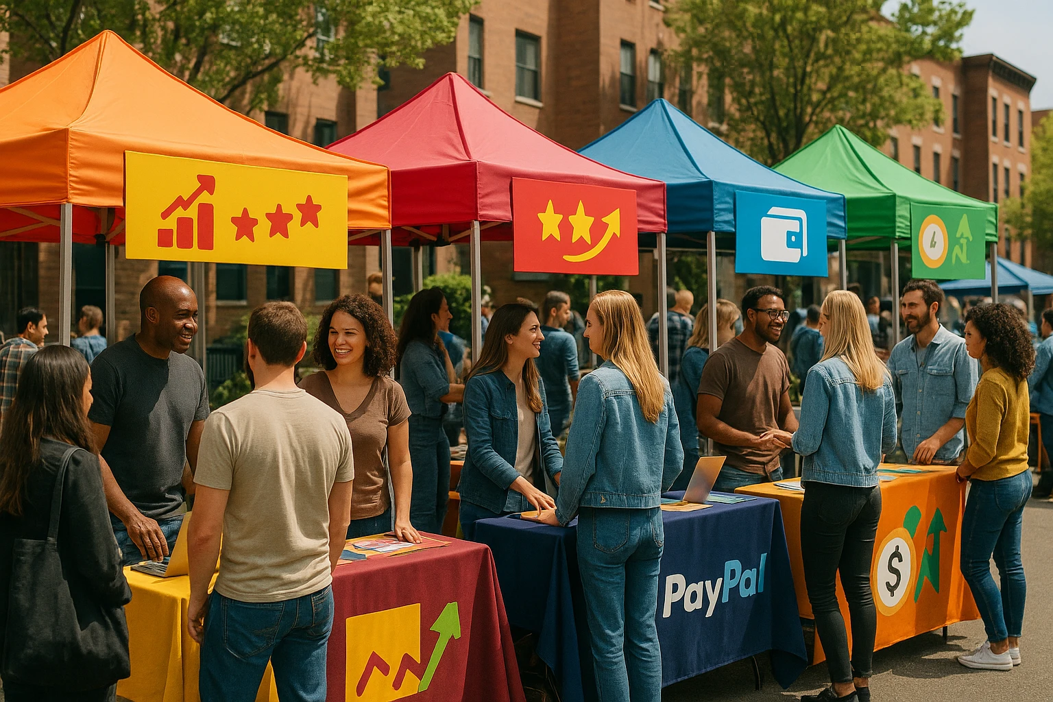 A bustling outdoor flea market featuring a variety of interactive booths, each one dedicated to showcasing a different platform's services, with vibrant signage highlighting earnings potential and fast payment options like PayPal and crypto, surrounded by curious visitors exploring the diverse offerings.