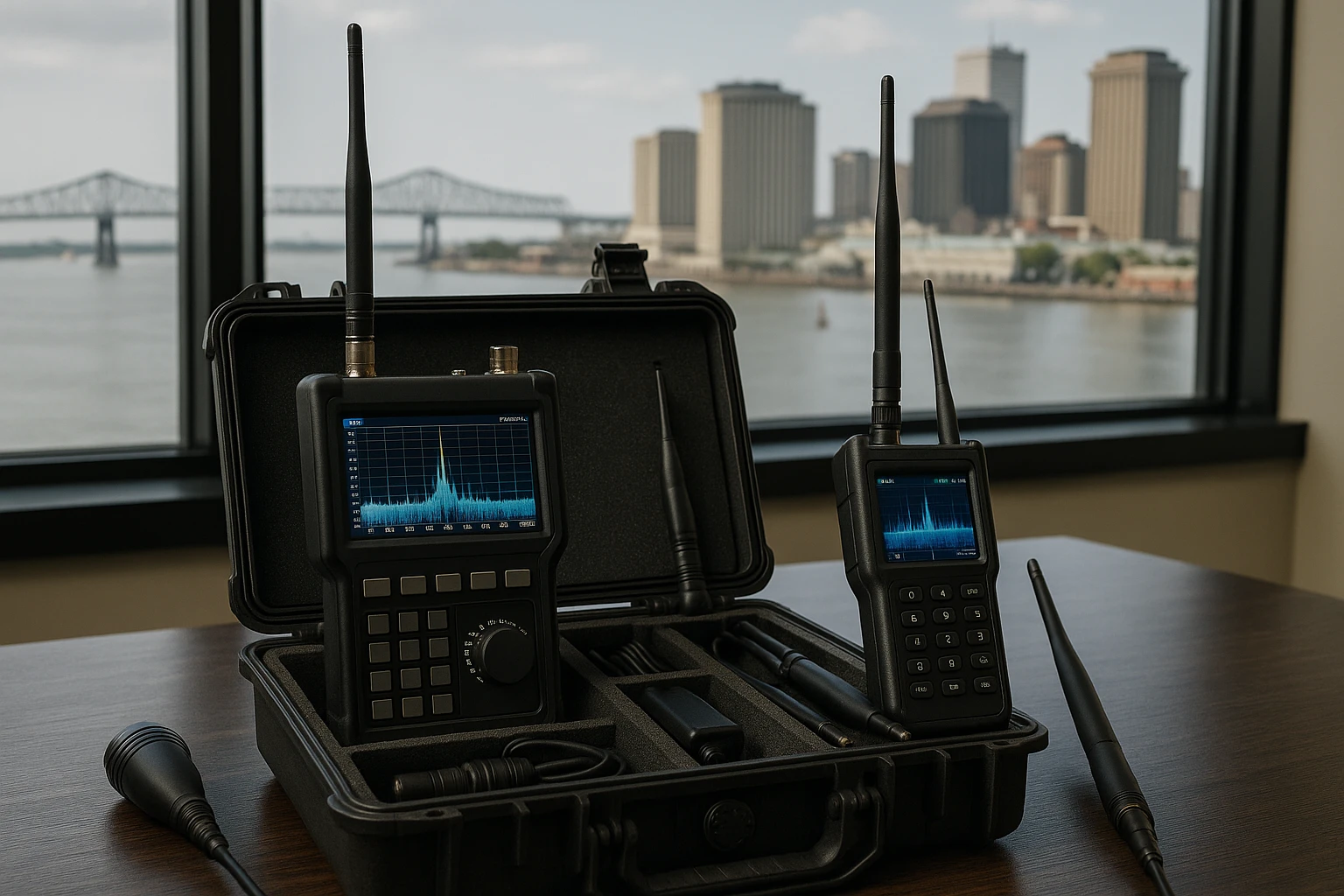 A close-up of a professional TSCM equipment kit on a table, featuring specialized detection devices such as RF analyzers and spectrum scanners, with the backdrop of a New Orleans cityscape visible through a large window.