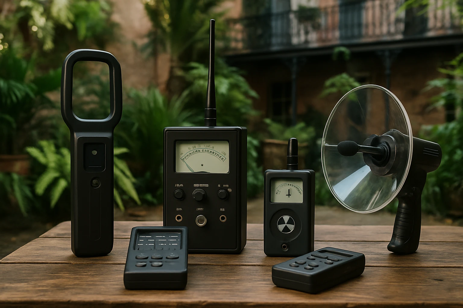 An array of sophisticated electronic detection devices arranged on a rustic wooden table in a New Orleans garden courtyard, with vibrant greenery and wrought iron features in the background, highlighting the fusion of advanced technology and the city's historic charm.