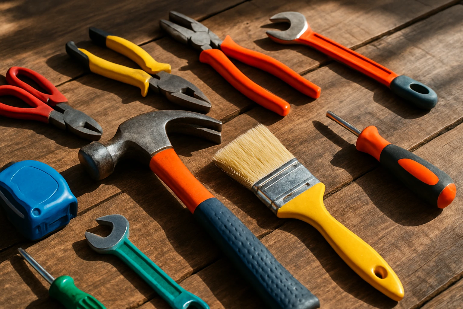 A variety of colorful tools, such as a hammer and paintbrush, lying on a rustic wooden table with natural sunlight streaming in, symbolizing hands-on activities and outdoor freelance work opportunities.