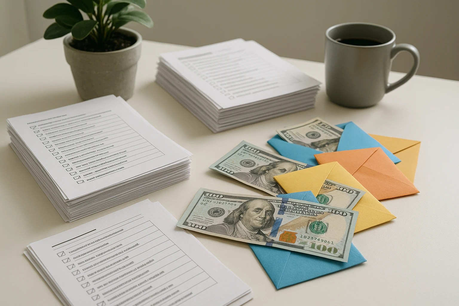 Stacks of completed surveys and colorful envelopes filled with cash rewards scattered across a bright, neatly organized workspace with a potted plant and a coffee mug, representing successful online earnings through offers and surveys.