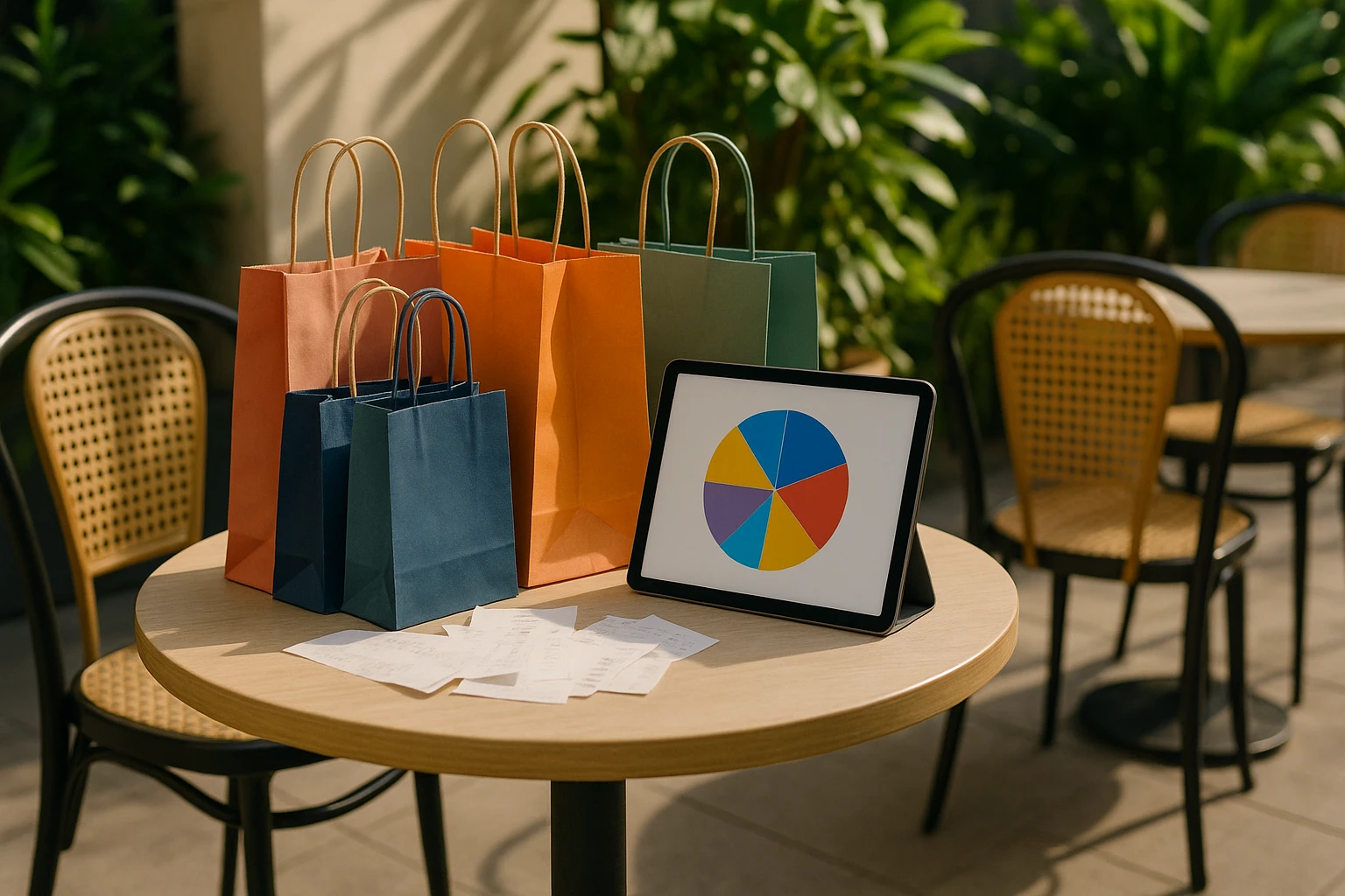 A modern outdoor café table set on a sunny patio, displaying a variety of colorful shopping bags and receipts, alongside a digital tablet showing a pie chart of earnings from multiple online platforms, surrounded by vibrant green plants.