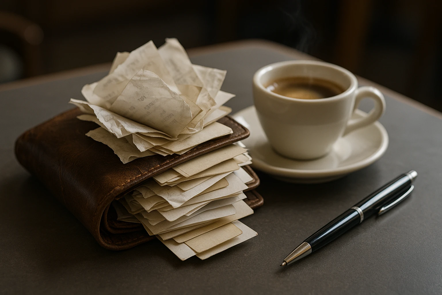 A worn leather wallet overflowing with crumpled receipts and faded business cards sits on a café table, alongside a steaming cup of espresso and a ballpoint pen.