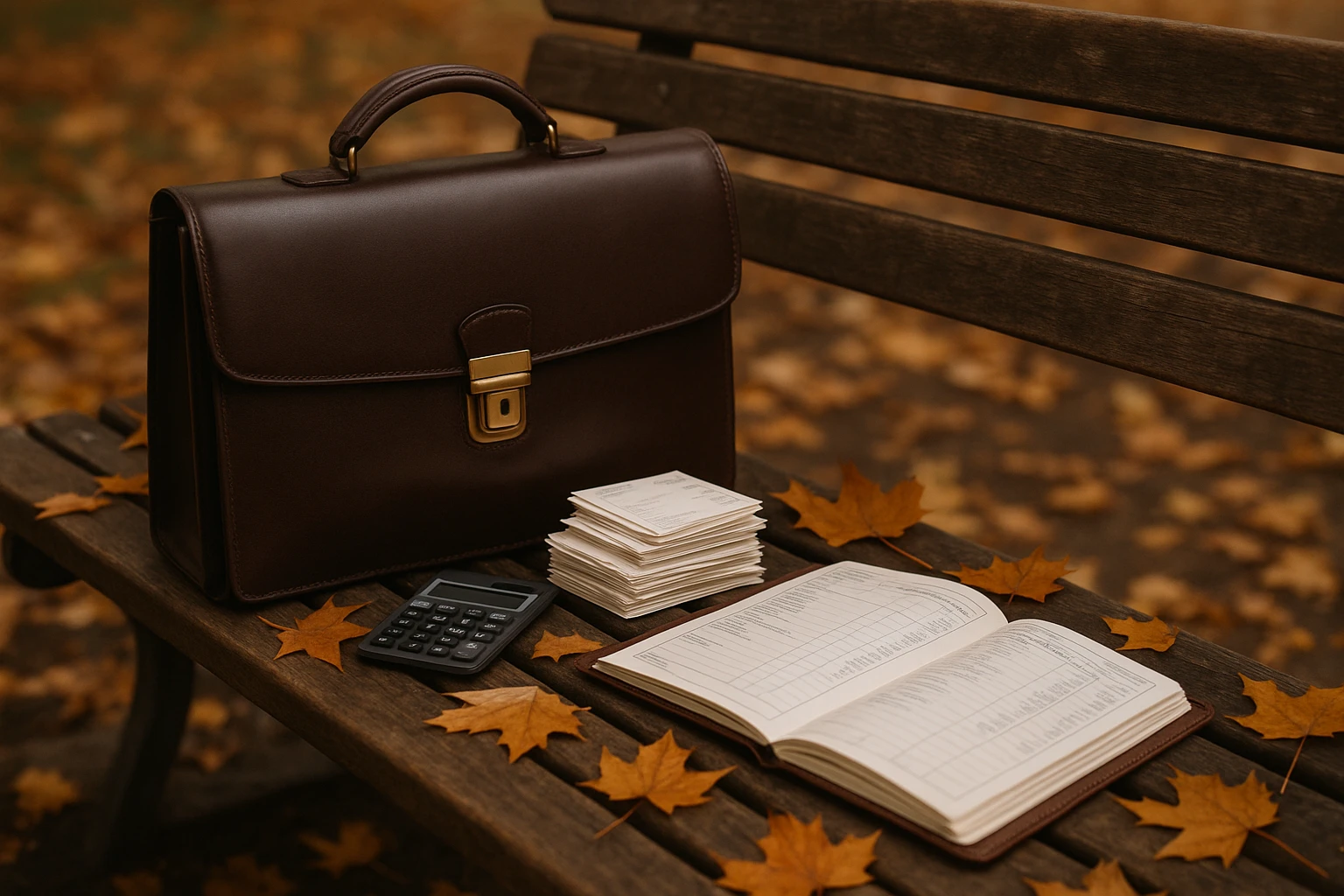 A sleek leather briefcase on a wooden park bench with neat stacks of business receipts, a small calculator, and an open expense ledger surrounded by autumn leaves.