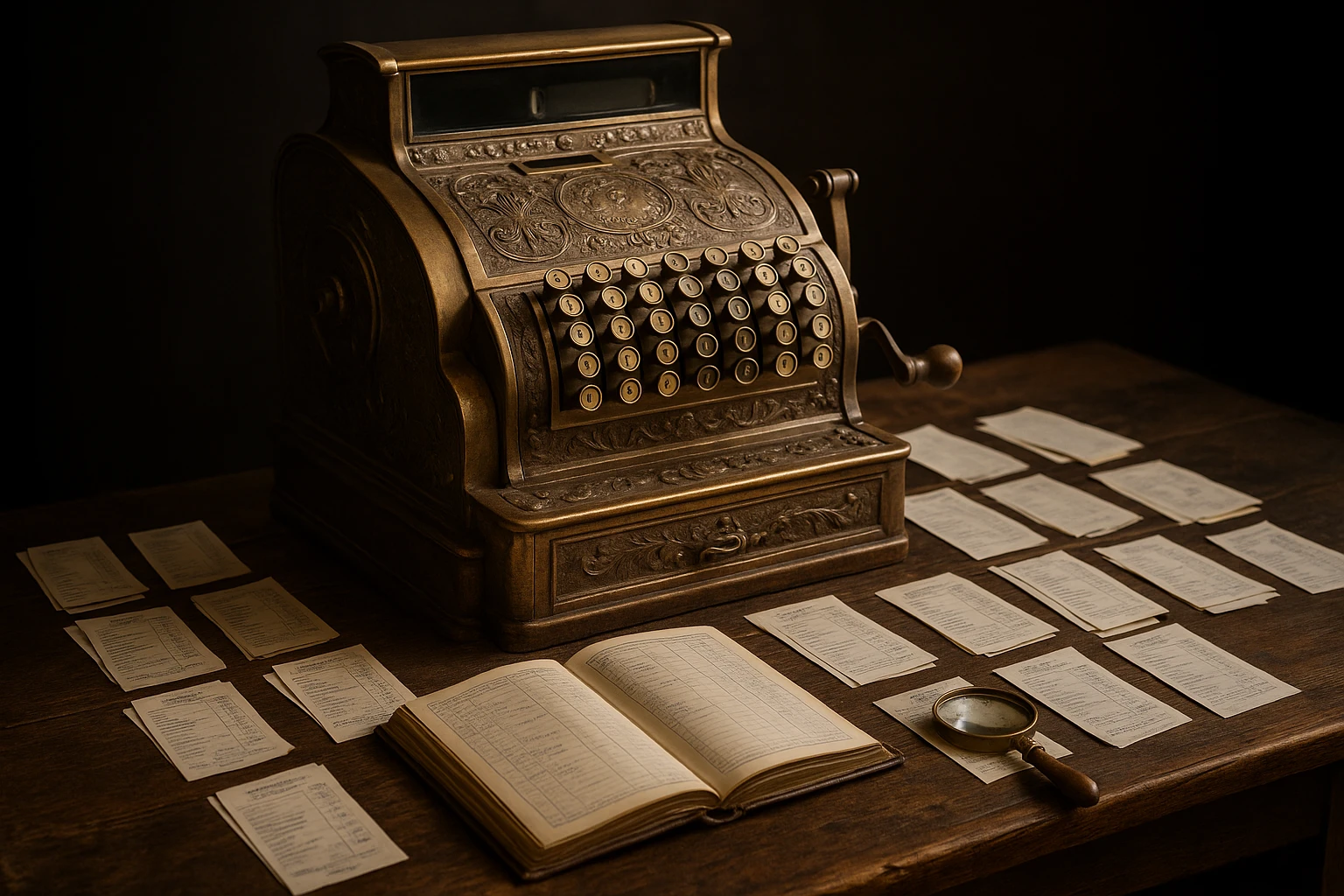 A vintage cash register on a rustic wooden counter surrounded by a variety of neatly organized expense receipts, an open ledger book, and a small brass magnifying glass.