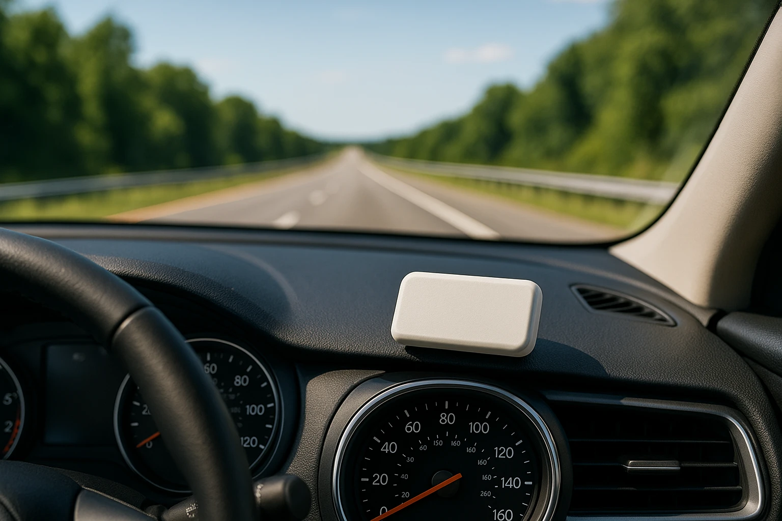 A close-up of a car's dashboard with a compact electronic toll badge displayed next to the speedometer, while the vehicle cruises smoothly along a sunny highway, with a clear view of the road stretching ahead through the windshield.