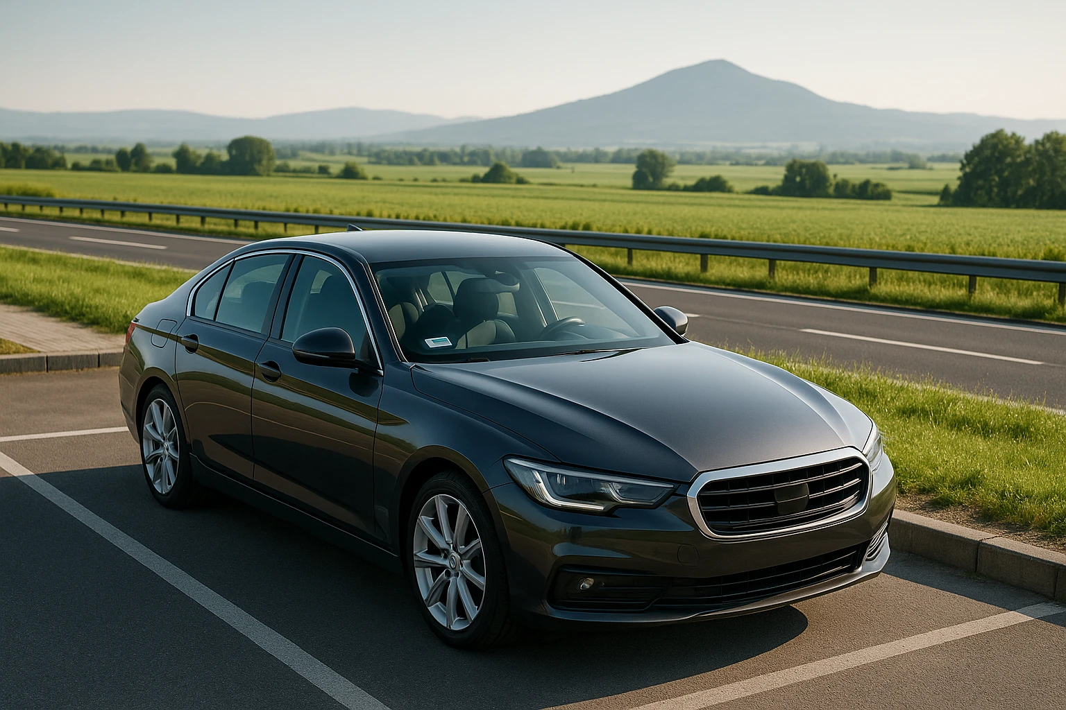 A stylish car parked at a rest area beside a highway, with the electronic toll badge visible through the windshield, surrounded by green fields and a distant mountain range under a bright, clear sky.