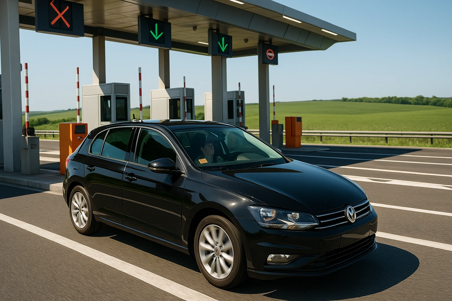 A car passing through a brightly lit highway toll booth with a telepeage badge visible on the windshield, surrounded by green fields under a clear blue sky.