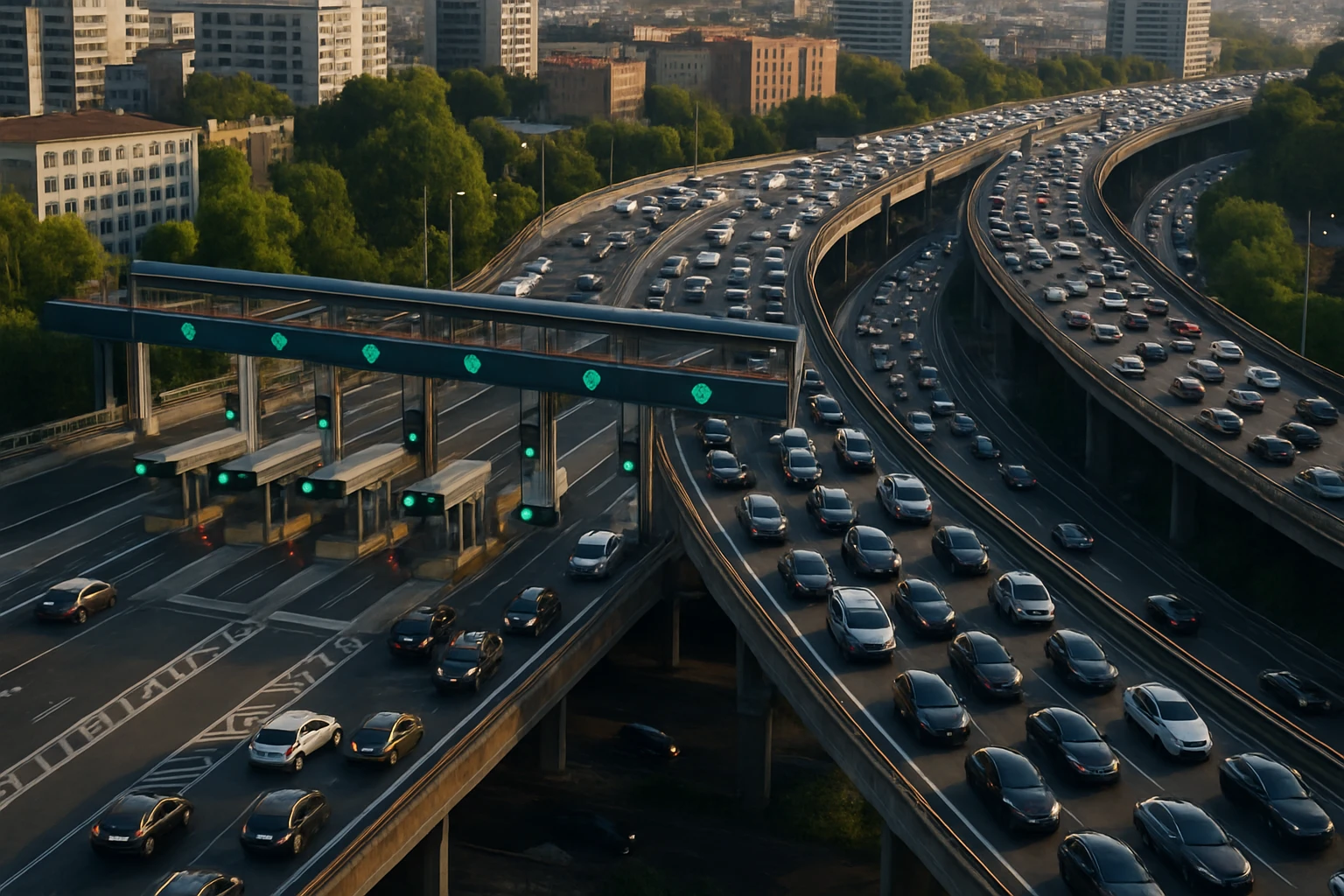 An aerial view of a bustling highway interchange during rush hour, featuring several lanes with visible telepeage lanes marked by electronic sensors and illuminated signs, surrounded by urban buildings and greenery.