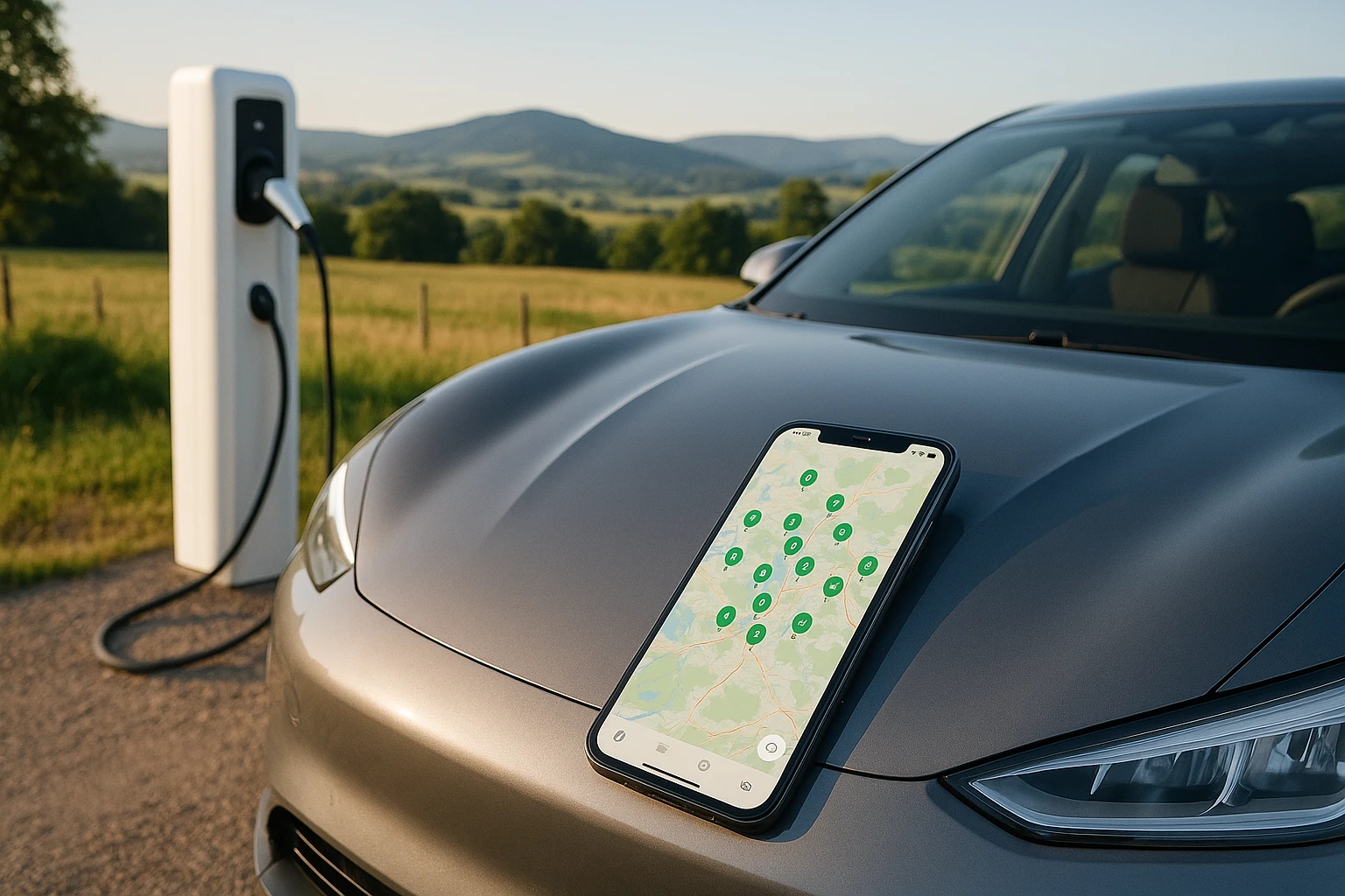 An electric car parked near a scenic countryside charging station, with a clear sky and hills in the background, while a smartphone with the PlugSurfing app open is placed prominently on the car's hood, displaying nearby charging locations.
