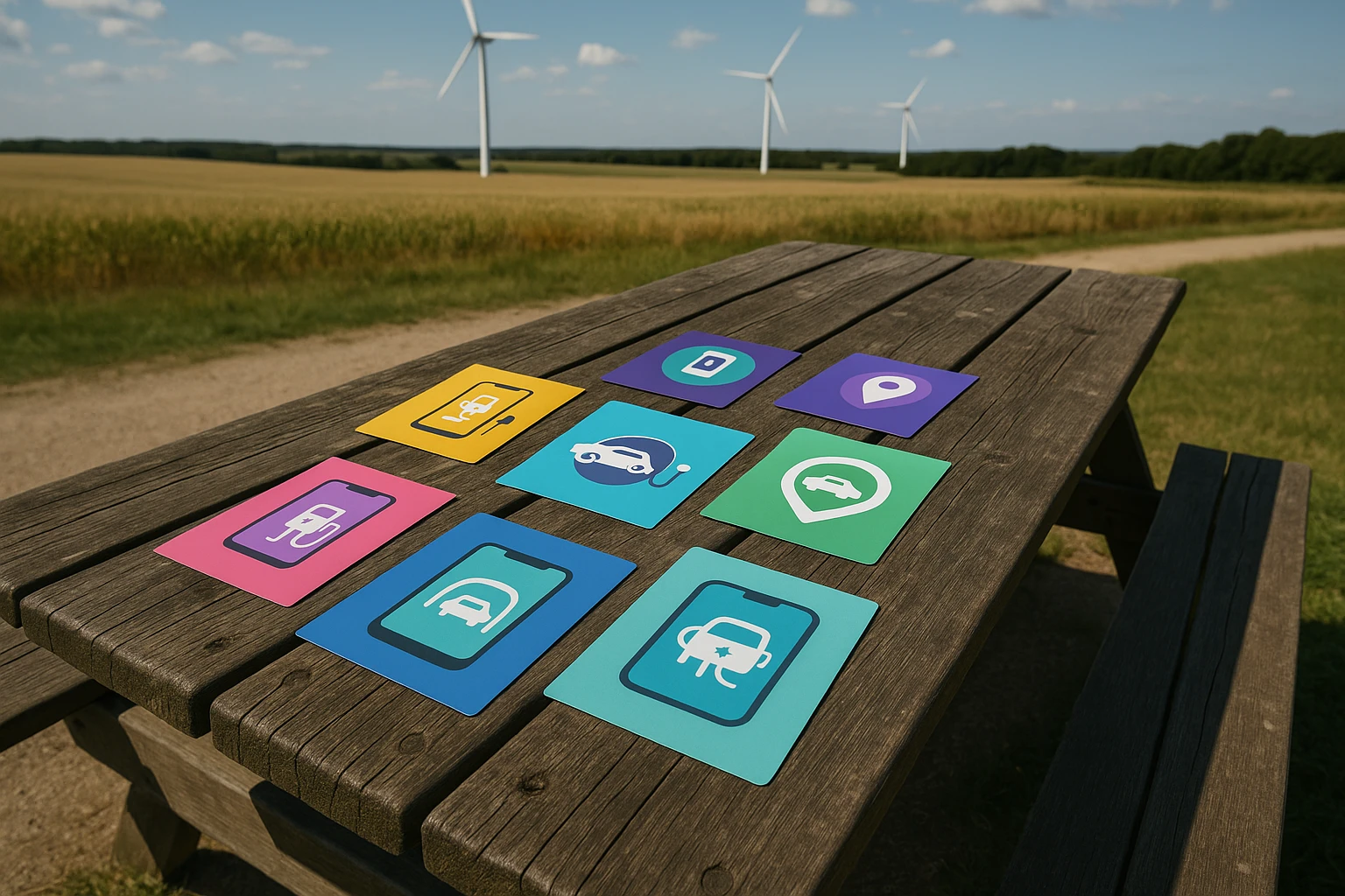A top-down view of a picnic table at a park with colorful flyers showcasing various electric vehicle charging apps scattered across the surface, surrounded by a countryside backdrop with wind turbines in the distance.