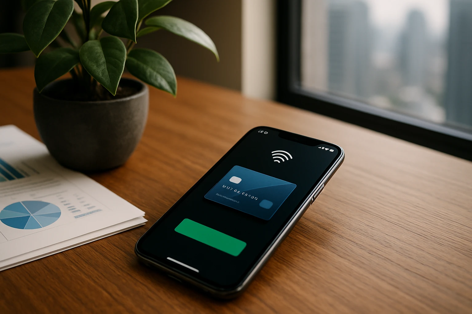 A sleek smartphone displaying a mobile payment app interface, resting on a wooden table beside a potted plant and a stack of financial reports, with a hint of a modern city skyline visible through a nearby window.