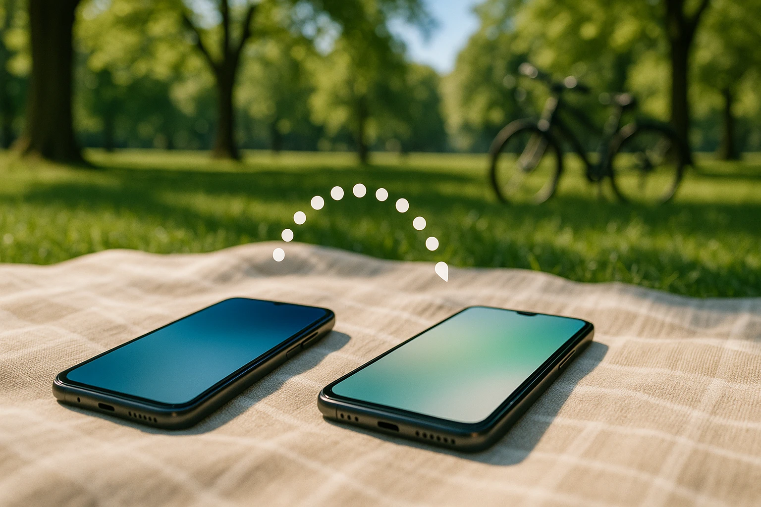 A pair of smartphones lying on a picnic blanket in a sunny park, connected by an animated dotted line symbolizing a wireless transfer, surrounded by trees and a pair of bicycles in the background.