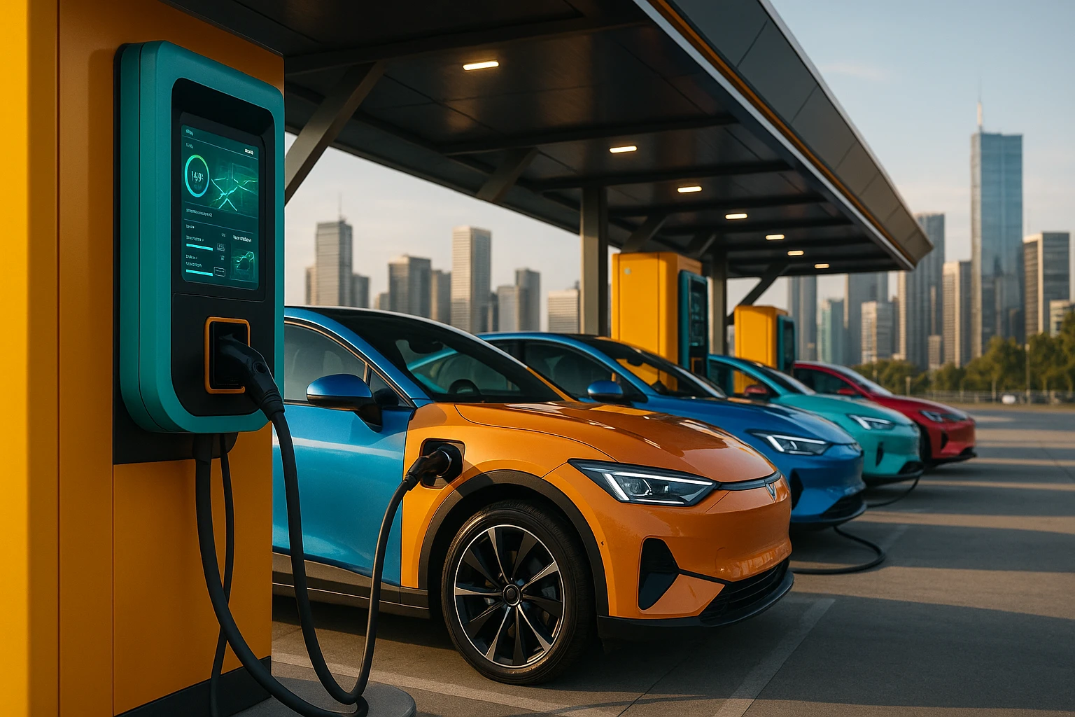 A brightly colored electric vehicle charging station with multiple vehicles lined up under a sleek metal canopy, each plugged in and displaying digital dashboards indicating real-time data and route optimization, set against a backdrop of a bustling city skyline.