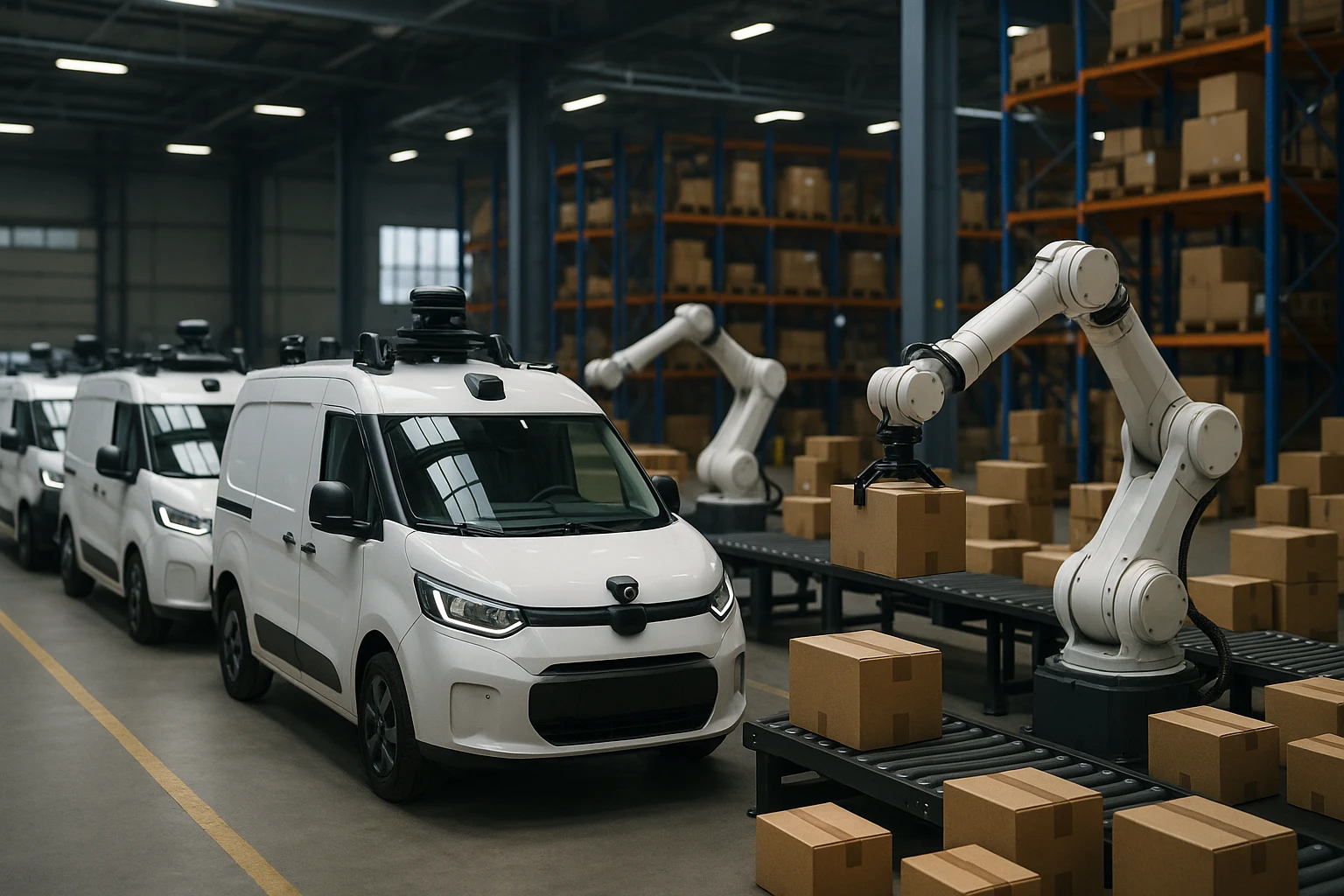 A fleet of autonomous delivery vans in a modern warehouse, each equipped with sensors and AI-mounted devices on the rooftops, while automated robotic arms sort packages for optimized route dispatching.