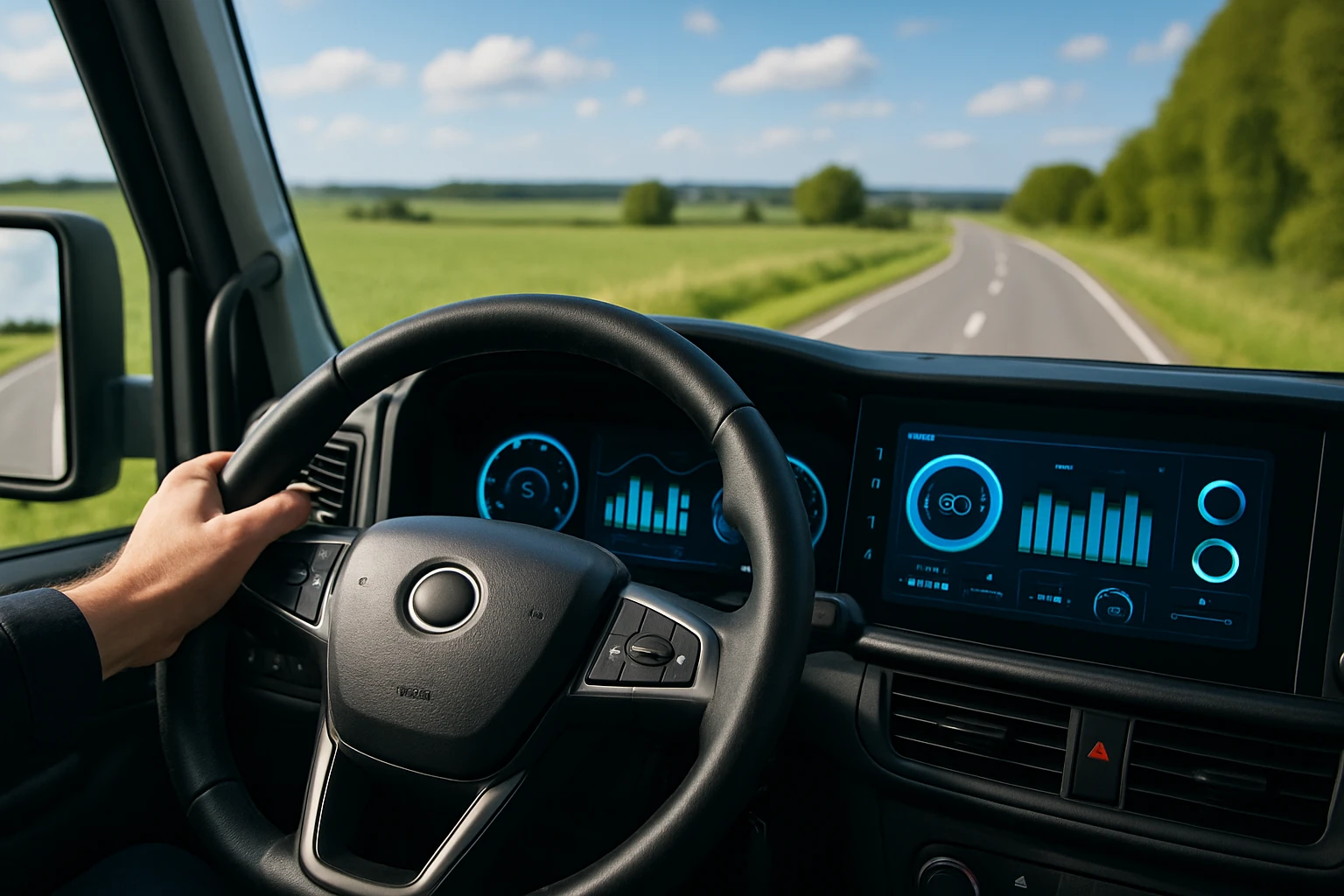 A close-up of a driver's hand on the steering wheel of a modern fleet vehicle, with a digital interface on the dashboard showing real-time analytics data and performance indicators, surrounded by a scenic countryside road with green fields and blue skies.