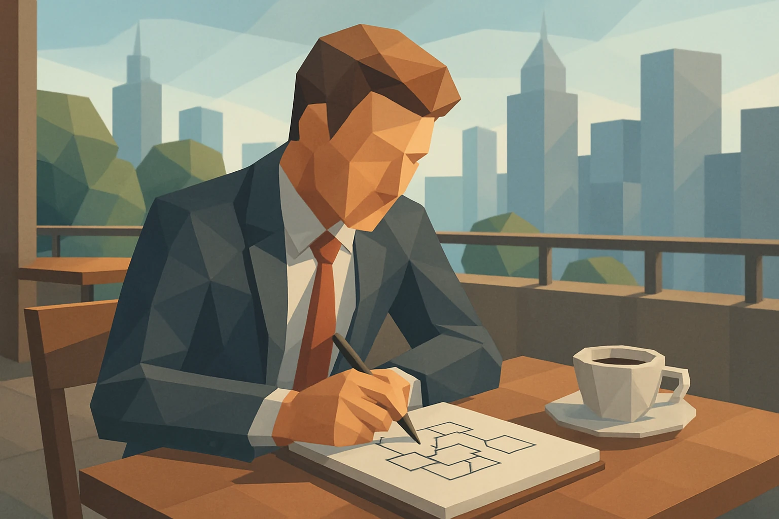 A businessman in an outdoor café sketching a business plan on a paper notepad, with a cityscape backdrop and coffee cup beside him.