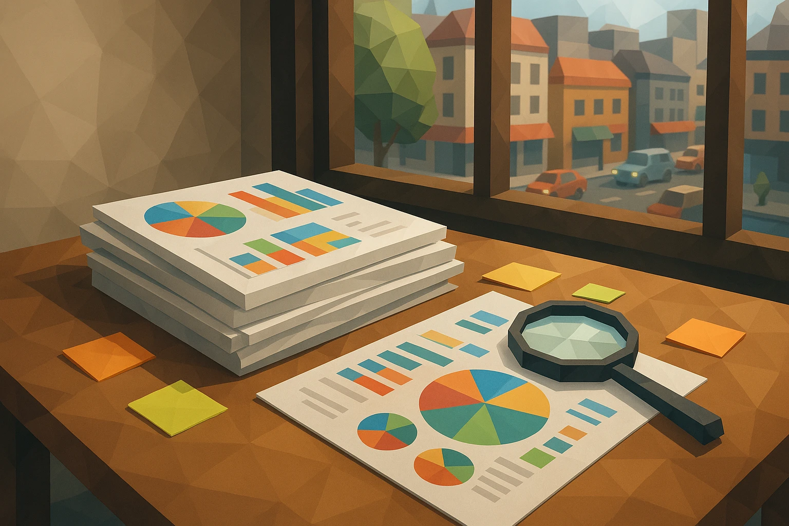 A stack of market research reports and colorful infographics on a wooden table, surrounded by sticky notes and a magnifying glass, with a window view showing a bustling city street.
