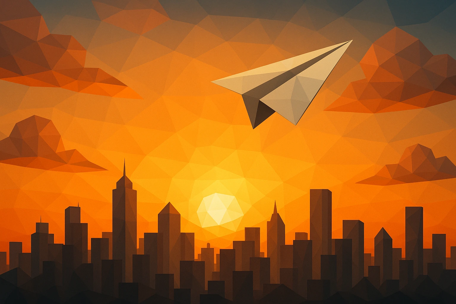 A dramatic sunrise over a city skyline, with a paper airplane soaring upwards, symbolizing innovation and the launch of new ideas.