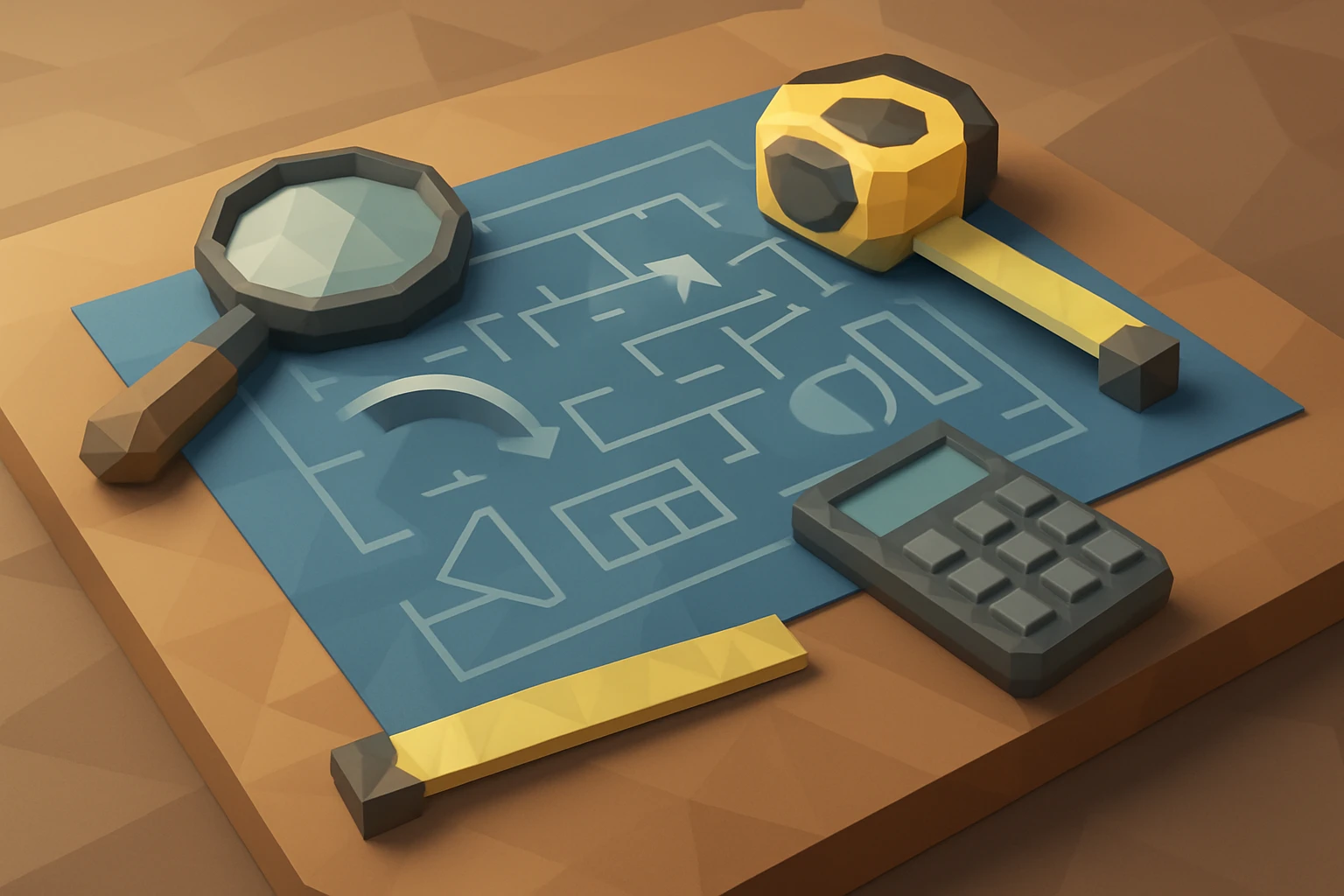 An intricate blueprint spread out on a wooden table, surrounded by diverse tools like a magnifying glass, calculator, and measuring tape, symbolizing the meticulous planning and strategic framework of a business plan.