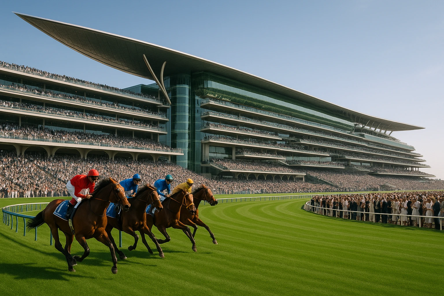 A panoramic view of the luxurious Meydan Racecourse in Dubai, with sleek racehorses galloping on the lush green track, surrounded by an opulent grandstand filled with elegantly dressed spectators.