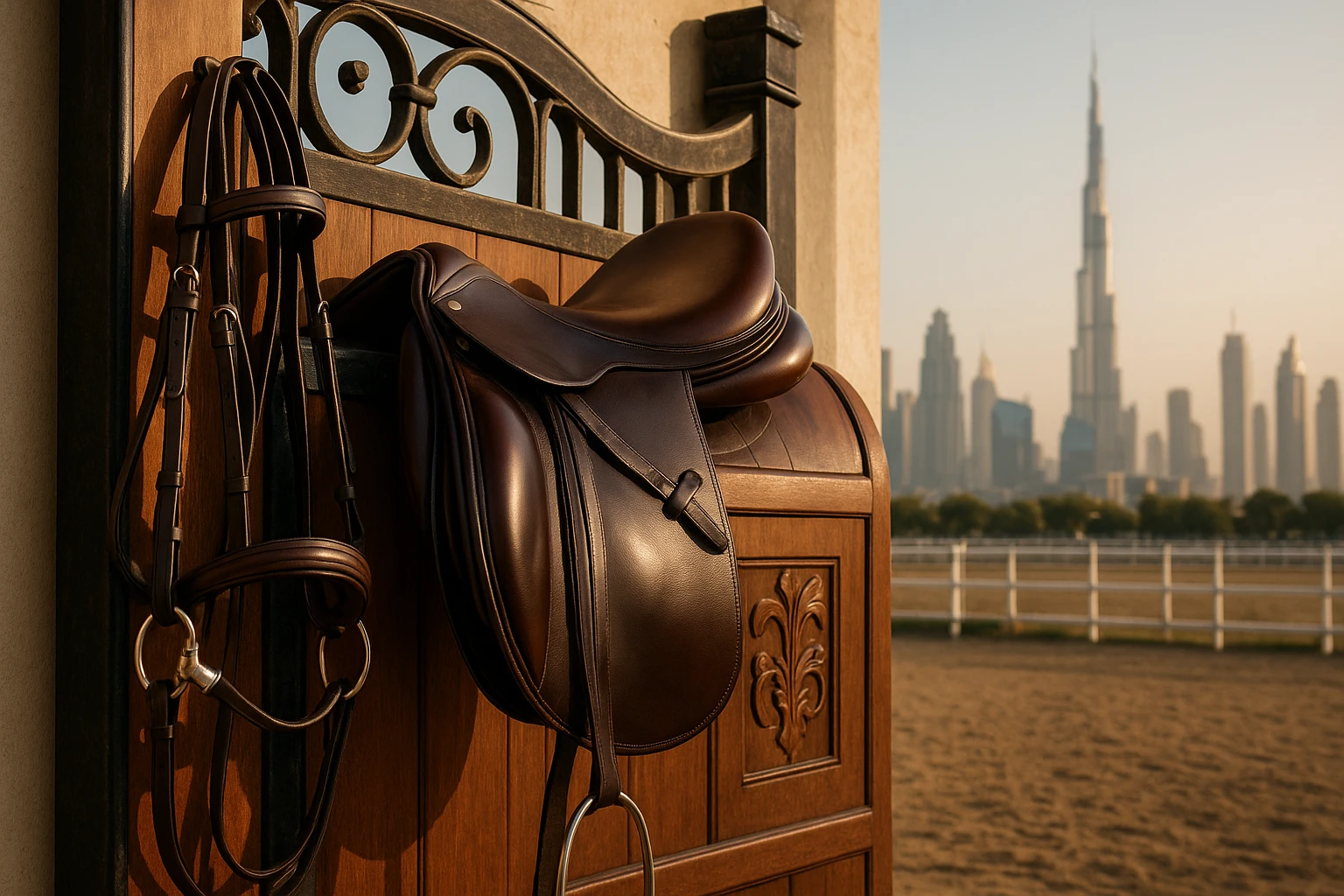 A close-up of a polished leather saddle and bridle hung on a decorative wooden stable door, set against the backdrop of Dubai's skyline, with the iconic Burj Khalifa visible in the distance.