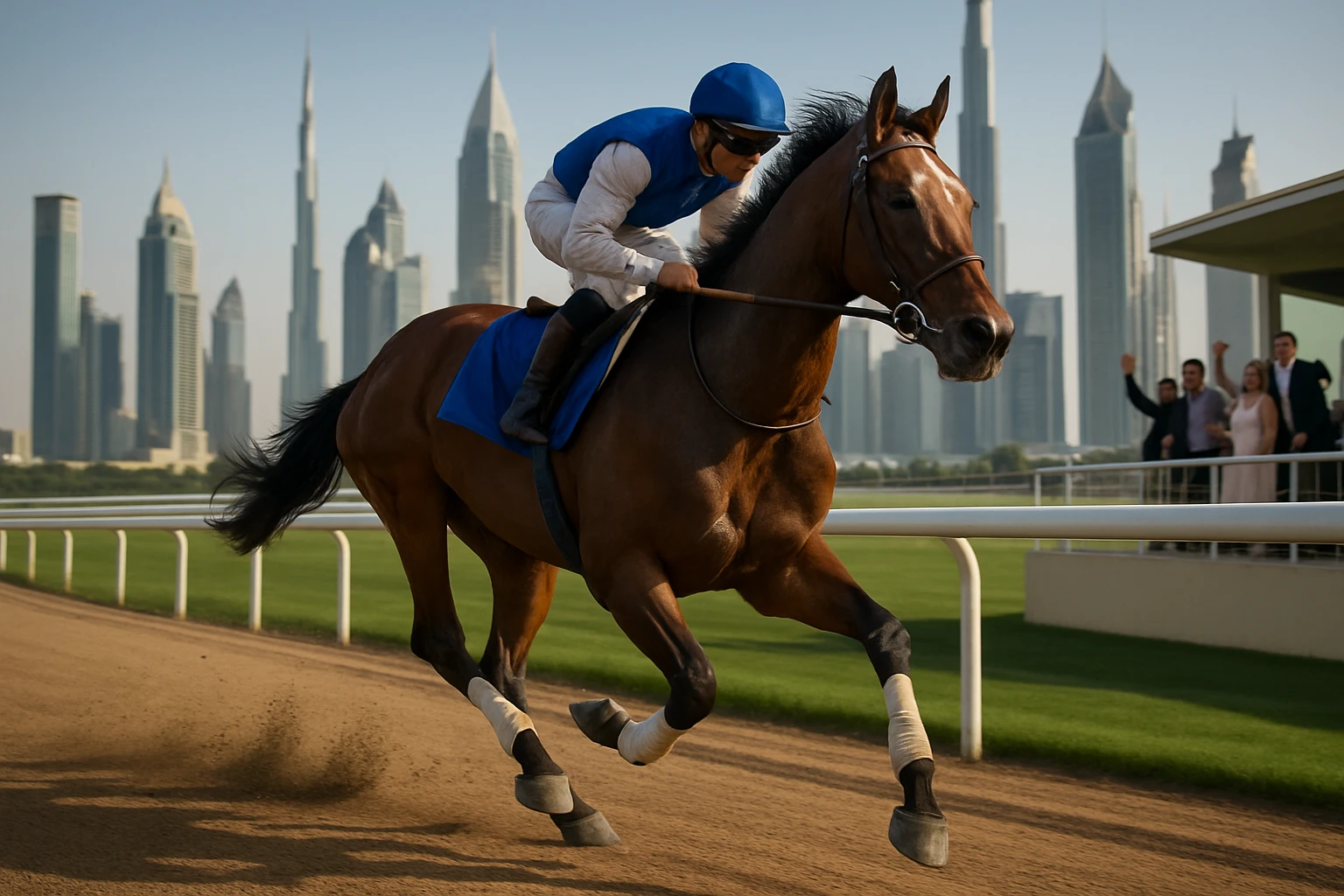 A gleaming racehorse galloping on a luxurious Dubai racetrack, with iconic skyscrapers in the background and a small group of spectators cheering from a viewing area.