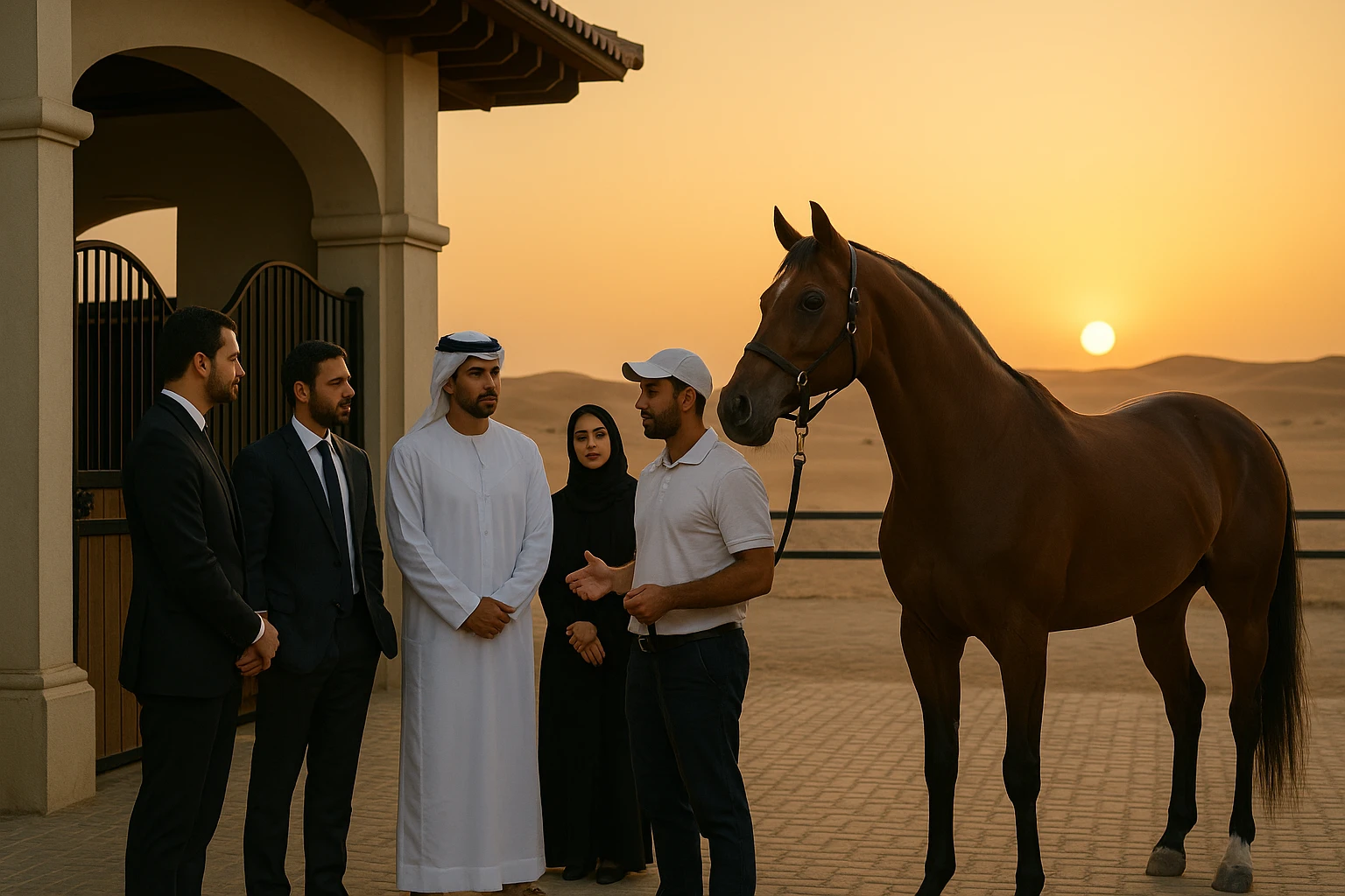 An elegant stable in the UAE with a group of investors gathered around a trainer discussing racehorse syndication, while a well-groomed Arabian horse stands nearby with the sun setting over sand dunes in the background.