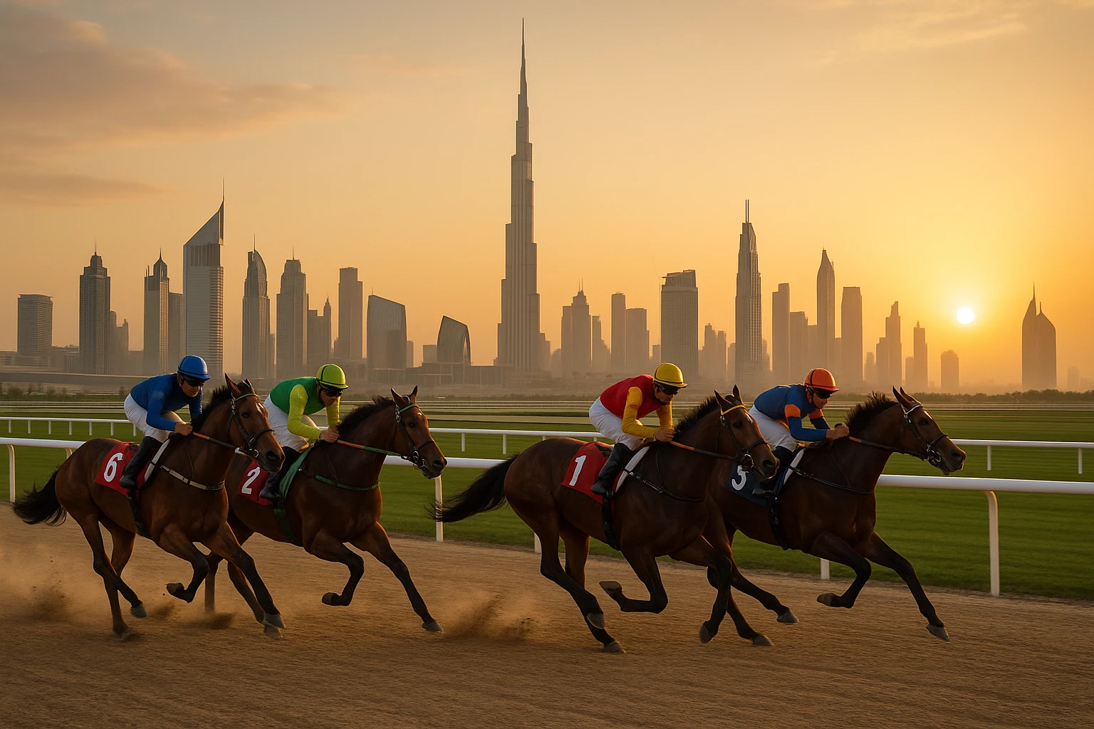 A vibrant scene at the Meydan Racecourse, capturing sleek Thoroughbreds galloping on the track, framed by the futuristic skyline of Dubai with the Burj Khalifa in the background under the golden evening sun.