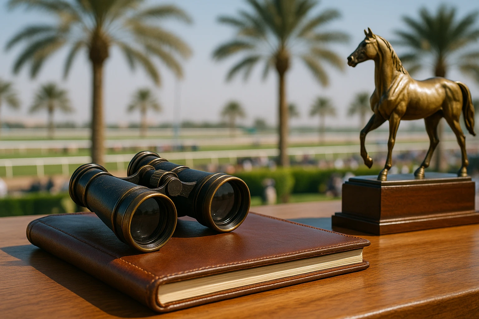 A close-up of a leather-bound race program and a pair of vintage binoculars resting on a wooden table, with a model horse trophy and a background view of palm trees swaying under the bright Dubai sun at a bustling racetrack.