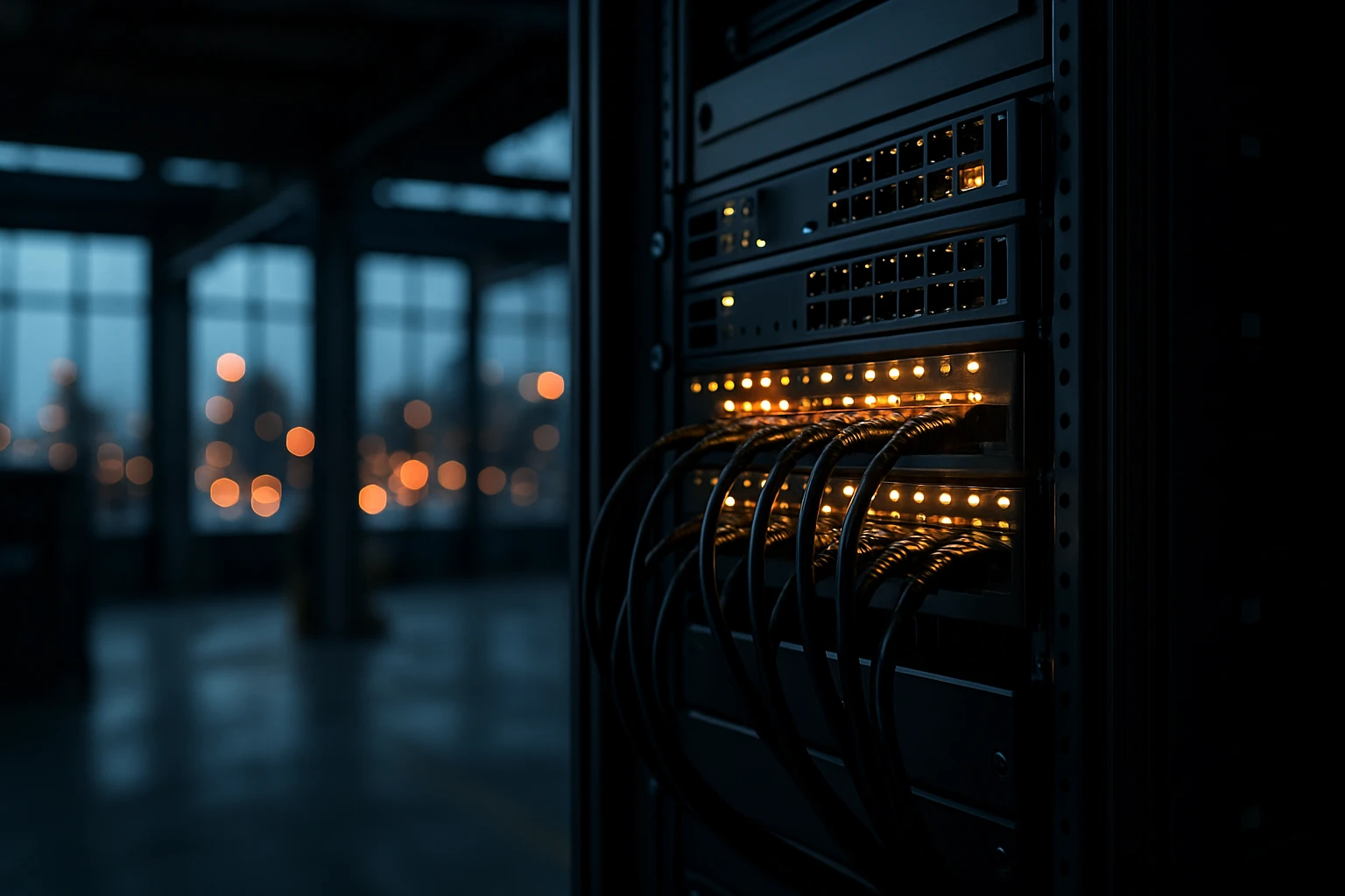 A close-up of a server rack in an industrial warehouse setting, with glowing LED lights indicating active network connections, symbolizing efficient IT management amidst a bustling city backdrop.