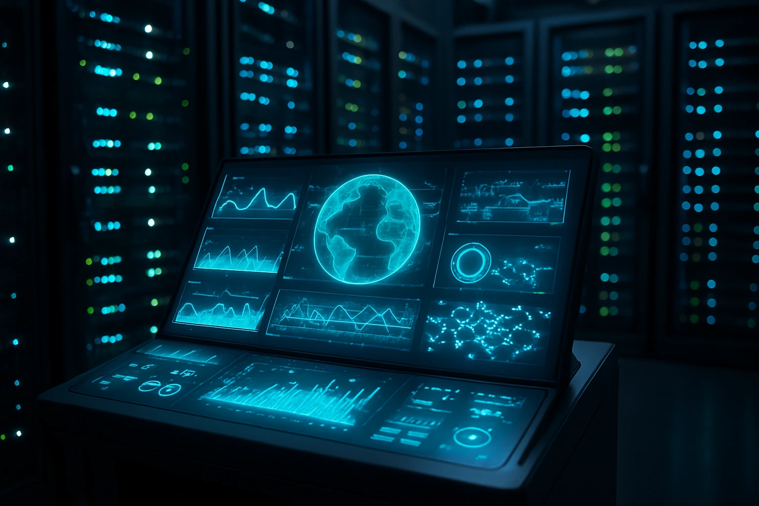 A futuristic control panel with glowing holograms displays automated network monitoring statistics in a sleek, high-tech server room, surrounded by rows of illuminated servers with blinking lights.