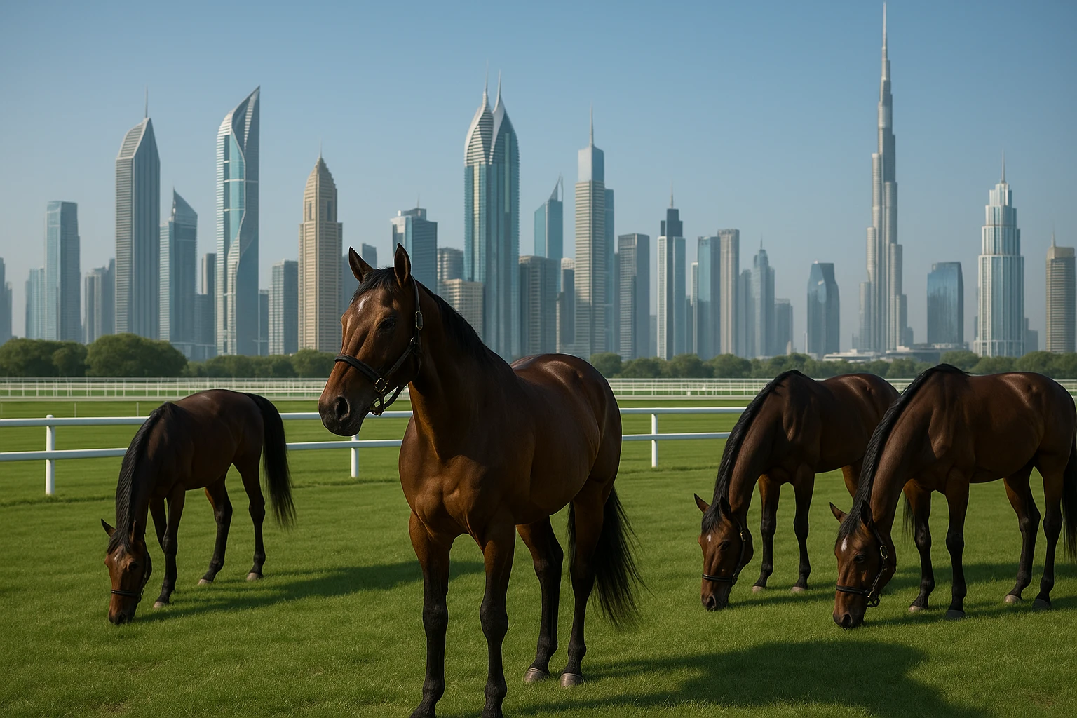 Elegant thoroughbred horses in a lush paddock at Meydan Racecourse, surrounded by the futuristic skyline of Dubai, with shimmering skyscrapers in the distance under a clear blue sky.