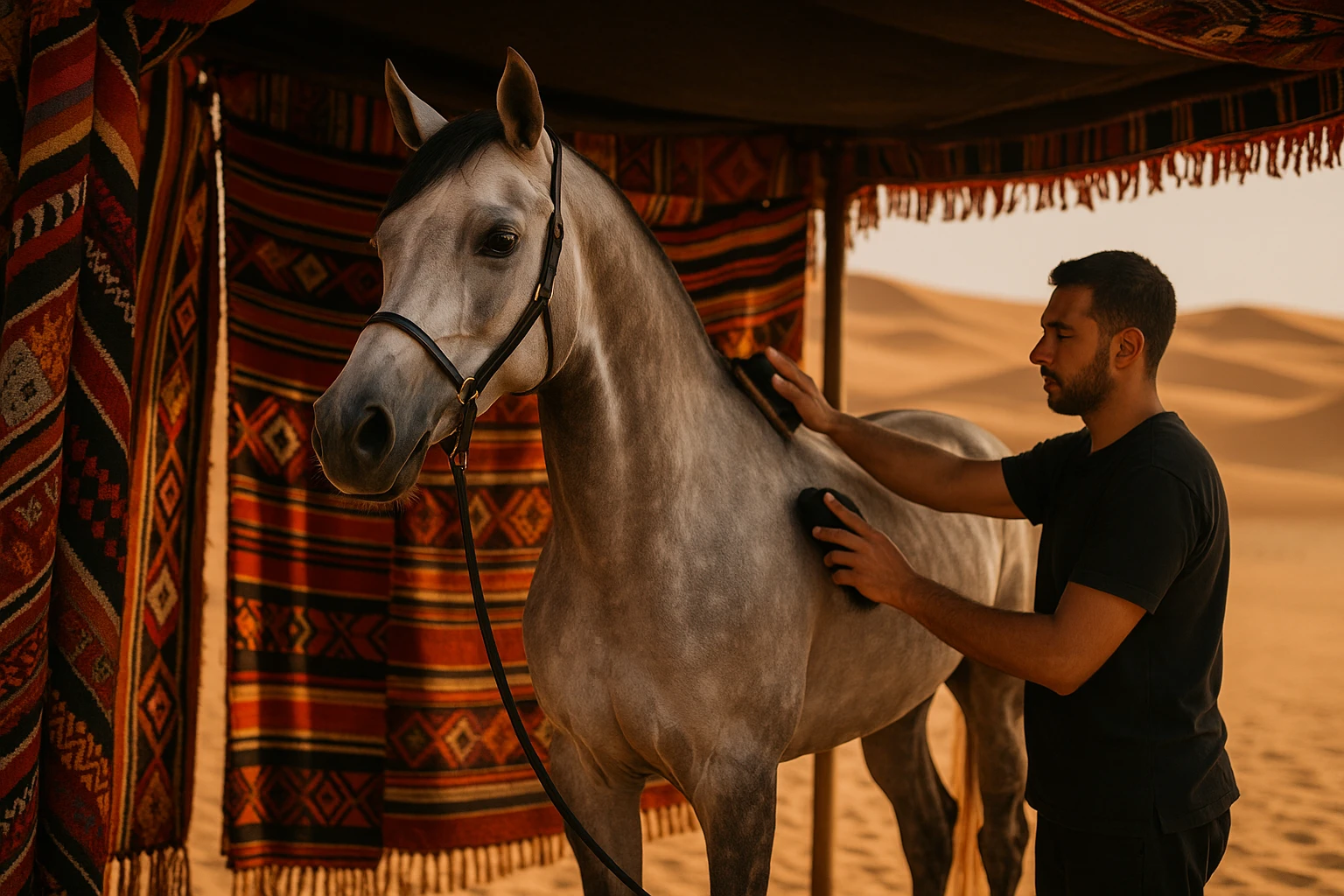 A majestic Arabian racehorse being groomed under a traditional Arabian tent, with colorful woven fabrics and the golden sand dunes of the Dubai desert visible in the background.