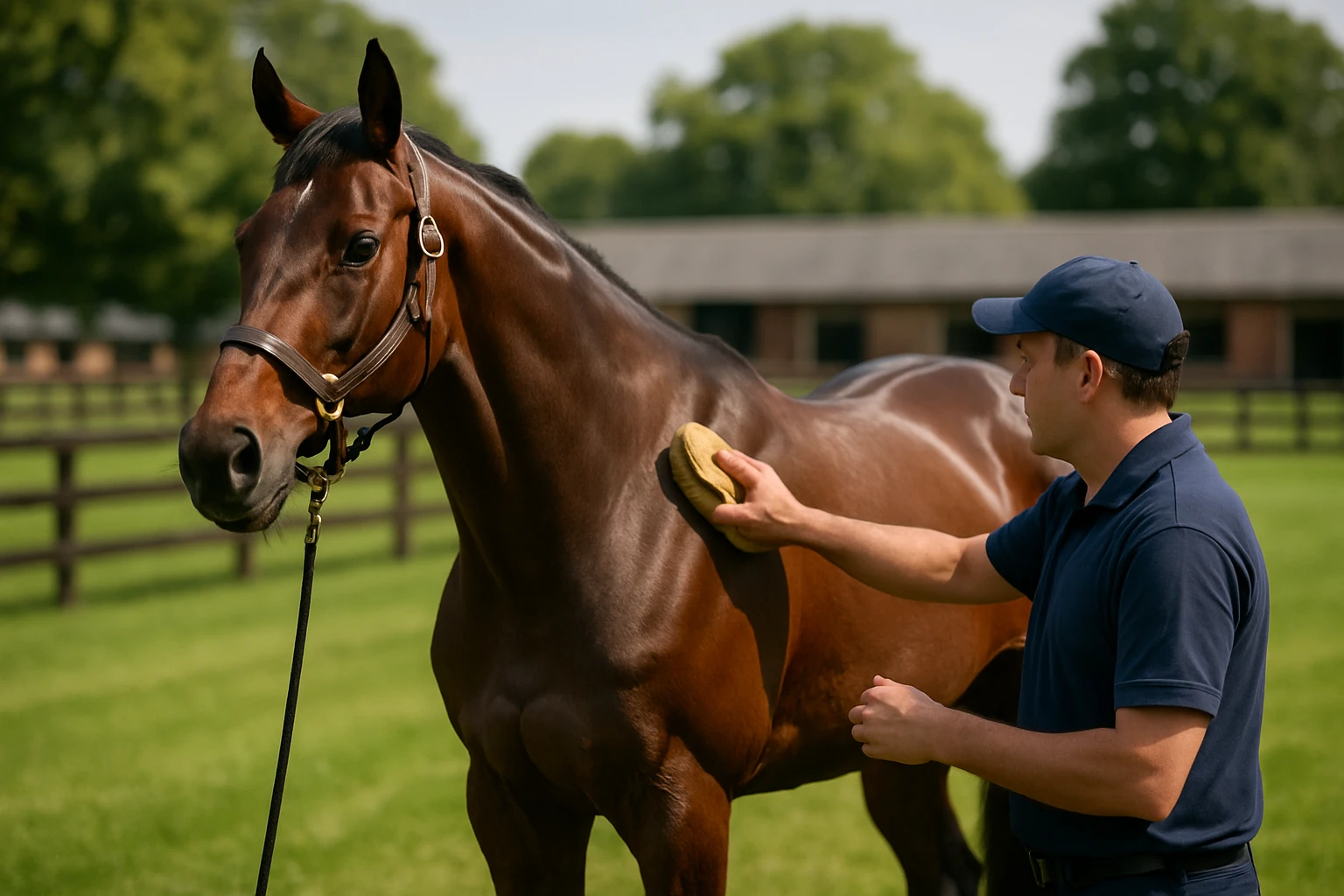 A well-groomed racehorse stands in a vibrant green paddock, with a stable hand gently brushing its coat, surrounded by neatly maintained wooden fences and distant stables in the background.