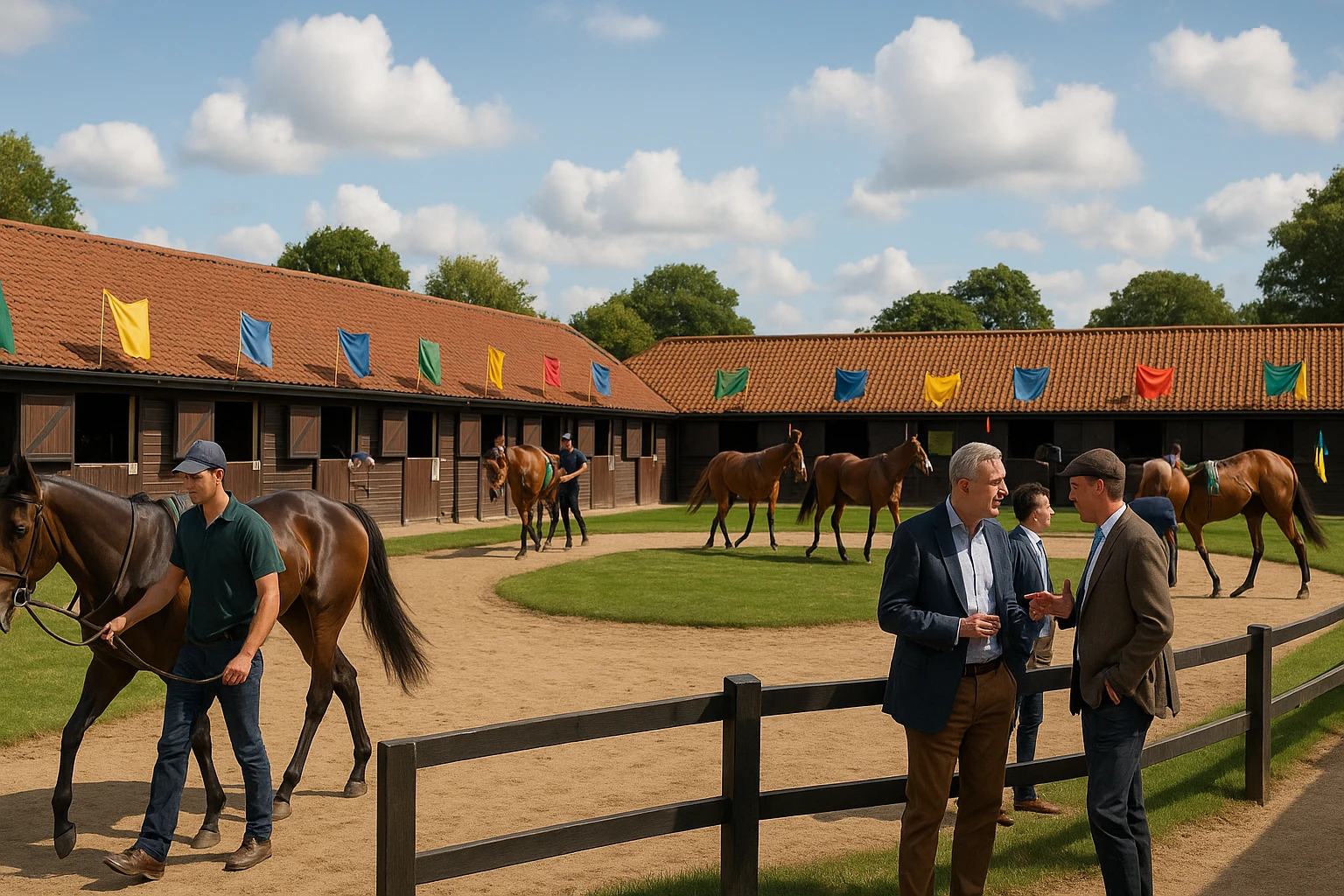 A panoramic view of a bustling stable yard, where several racehorses are being led by handlers under the open sky; nearby, part-owners chat animatedly while observing the training paddock and vibrant stable banners fluttering in the breeze.