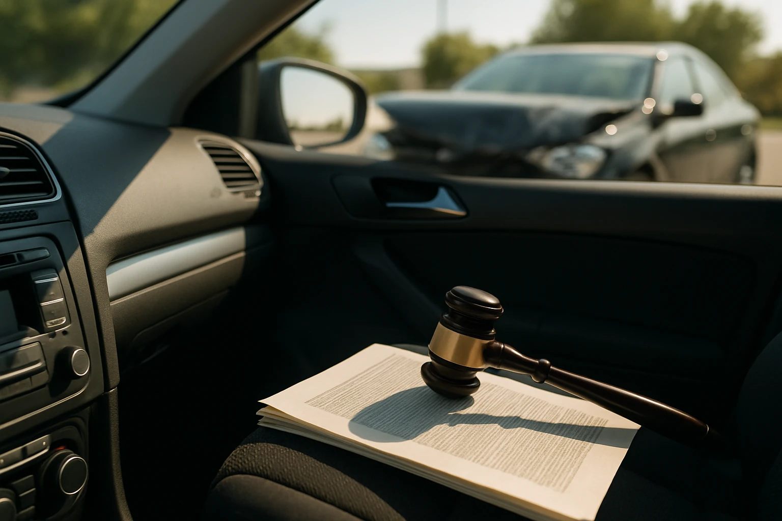 A close-up of a car dashboard with a visible legal document and a gavel resting on the passenger seat, set in a sunlit parking lot with a slightly damaged car in the background.