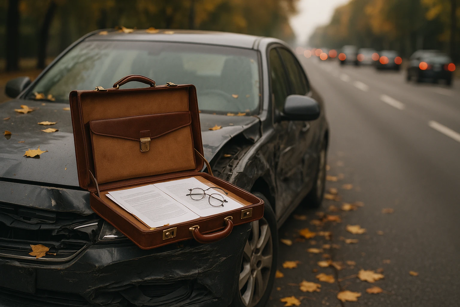 A damaged car with visible accident marks is parked on the side of a busy road, while a leather briefcase lies open on the hood, displaying legal documents and a pair of reading glasses, surrounded by fallen autumn leaves.