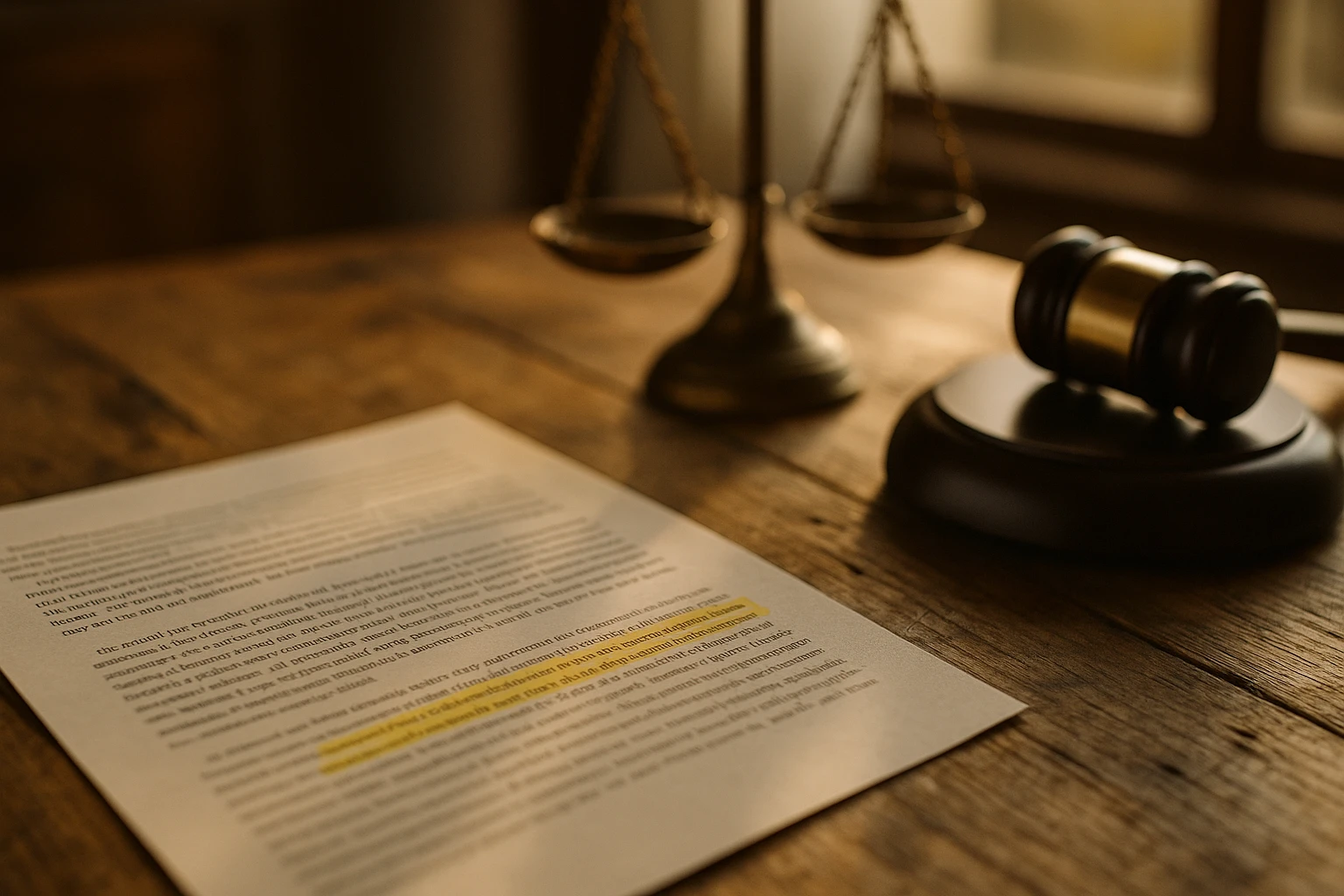 A close-up of a legal document featuring highlighted text about dog bite laws, placed on a rustic wooden table with a gavel and scales of justice positioned beside it in a sunlit room.