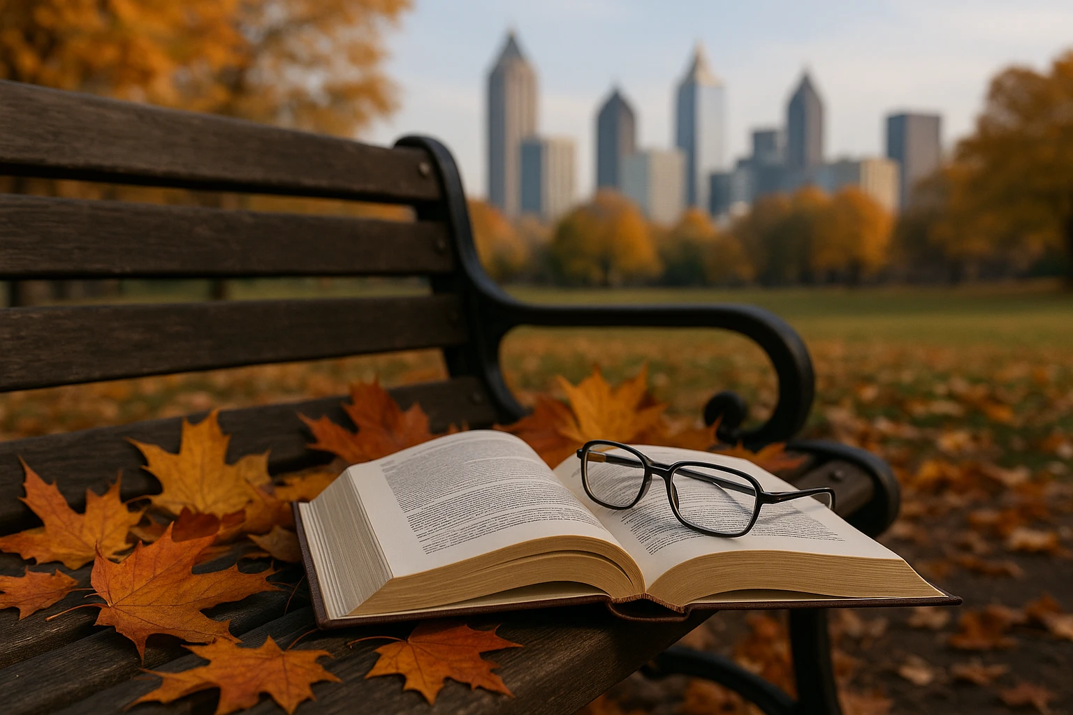 A law book on personal injury law sits open on a park bench, surrounded by vibrant autumn leaves, with a pair of reading glasses resting on the pages and the Atlanta skyline visible in the background.