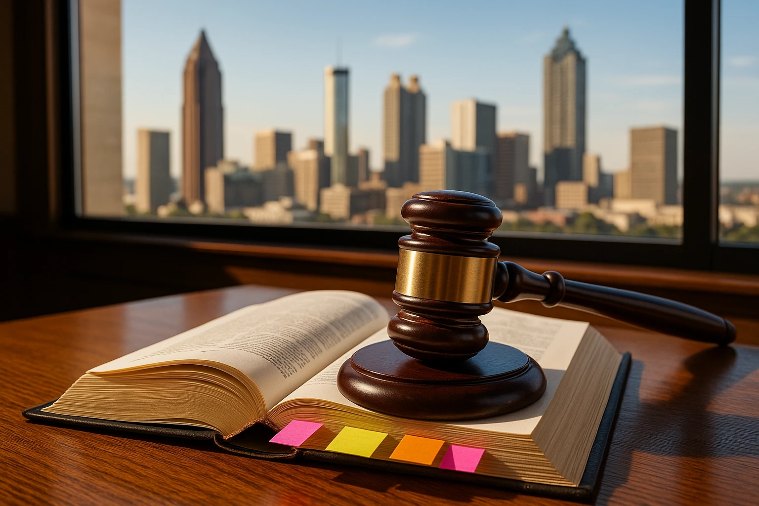 A courtroom gavel resting on an open legal book with pages marked by colorful sticky notes, set on a wooden table in a sunlit room with a view of Atlanta's skyline through a large window.
