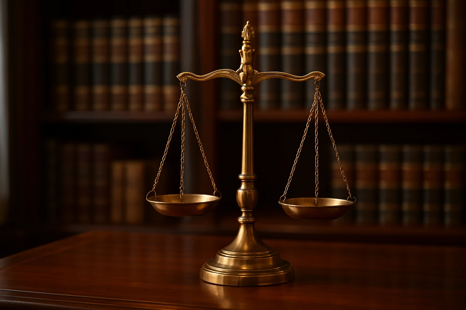 A close-up of a legal scale balanced on a polished mahogany desk, with a background of law books neatly stacked on a shelf, illuminated by warm lighting in an elegant office setting.